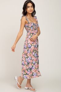 Forest Green Multi-Colored Floral Smocked Midi Dress sold by Pinkblush