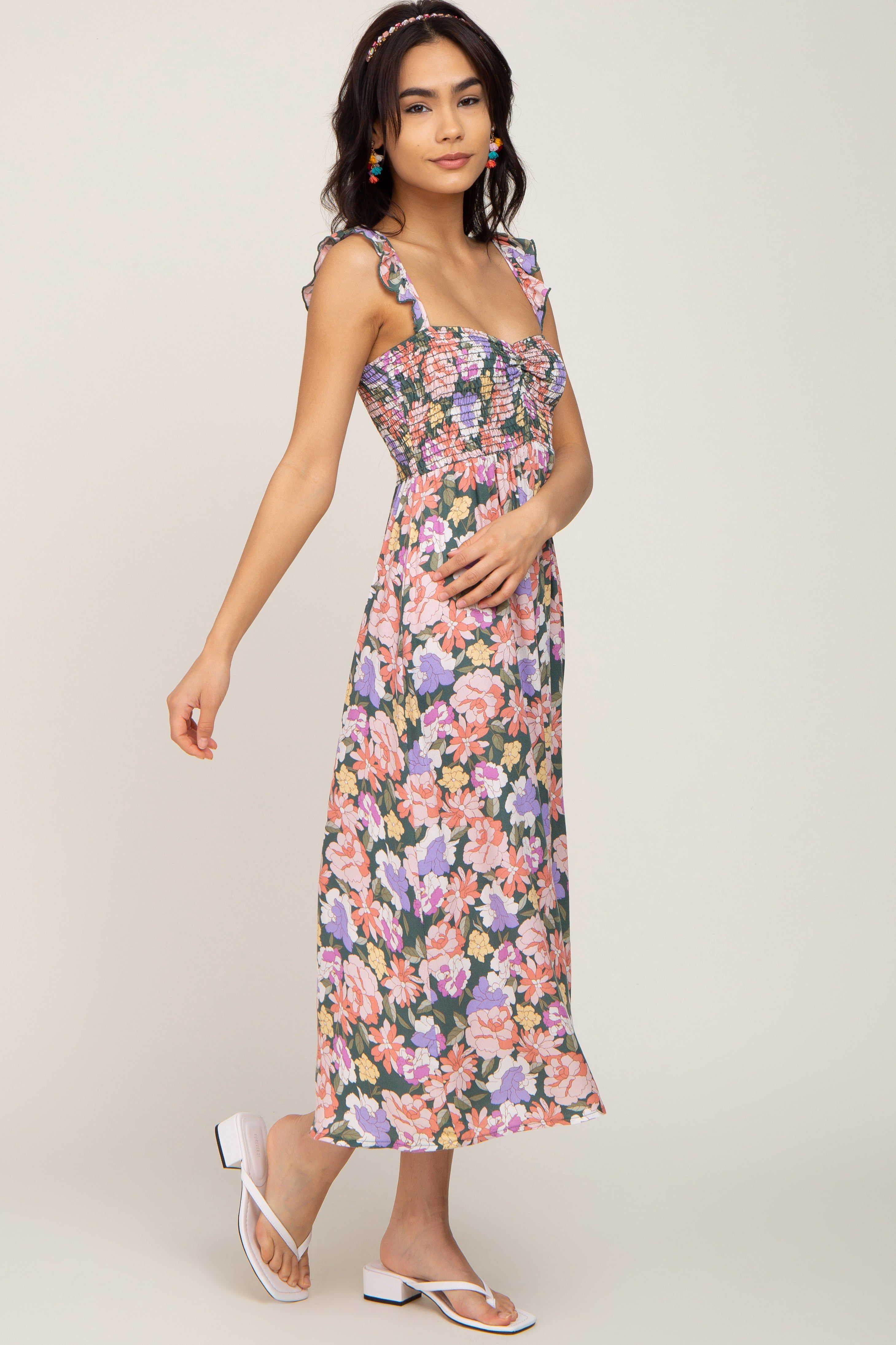 Forest Green Multi-Colored Floral Smocked Midi Dress sold by Pinkblush product image thumbnail 2