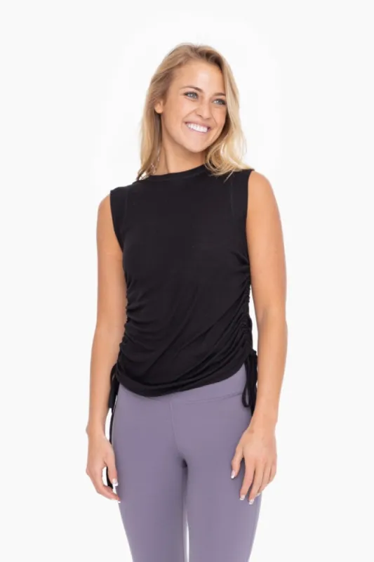 Black Rib Knit Ruched Drawstring Tank Top sold by Pinkblush