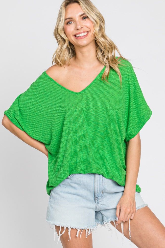 Green Rib Knit V-Neck Top sold by Pinkblush