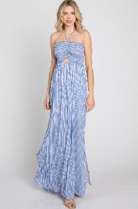 Blue Striped Cutout Front Halter Neck Maxi Dress sold by Pinkblush