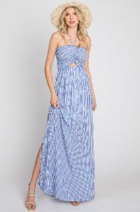 Blue Striped Cutout Front Halter Neck Maxi Dress sold by Pinkblush