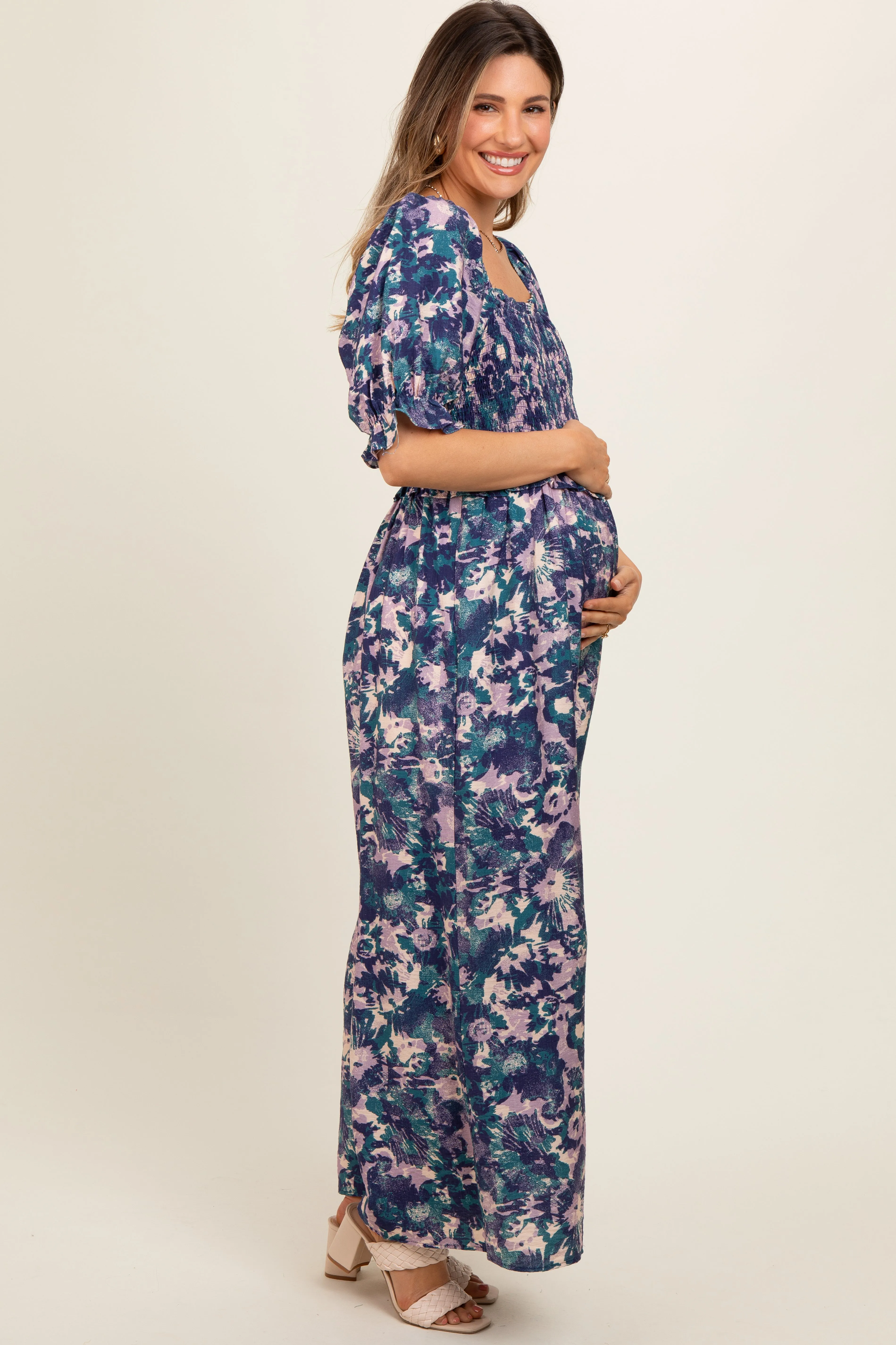 Navy Blue Smocked Square Neck Ruffle Waist Maternity Jumpsuit sold by Pinkblush product image thumbnail 2