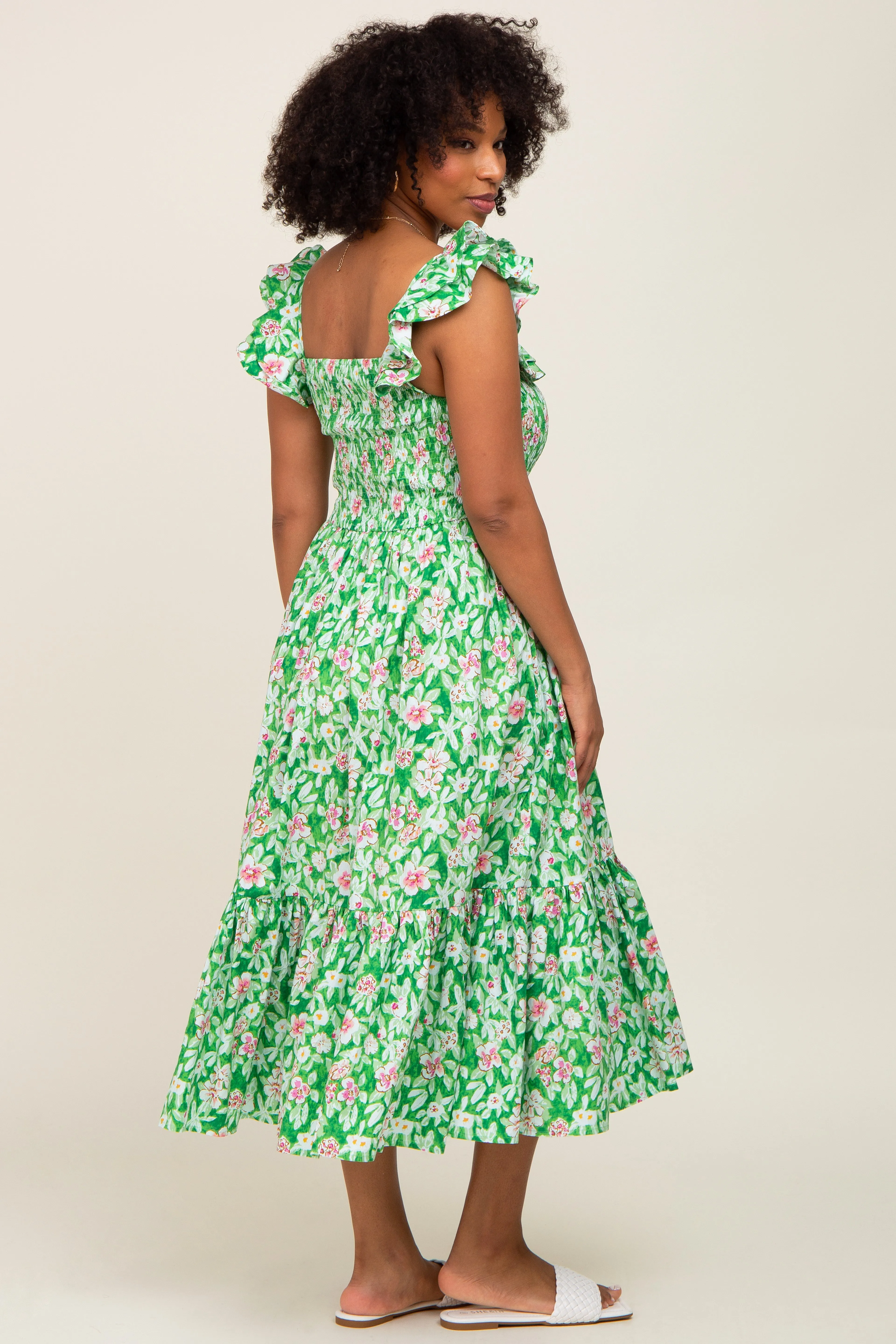 Green Floral Smocked Frill Sleeve Midi Dress sold by Pinkblush product image thumbnail 3