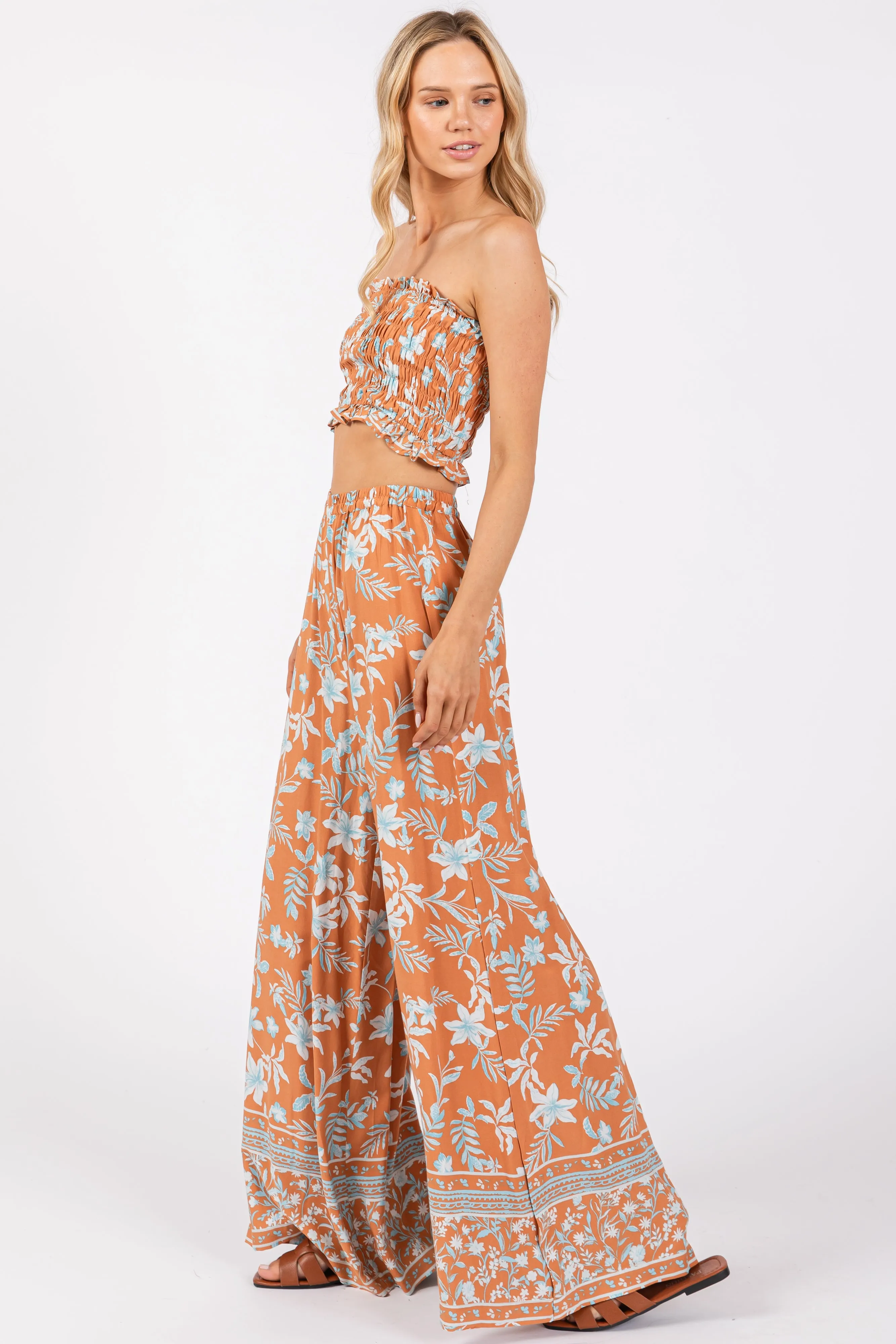 Camel Floral Tube Top Wide Leg Pant Set sold by Pinkblush product image thumbnail 2