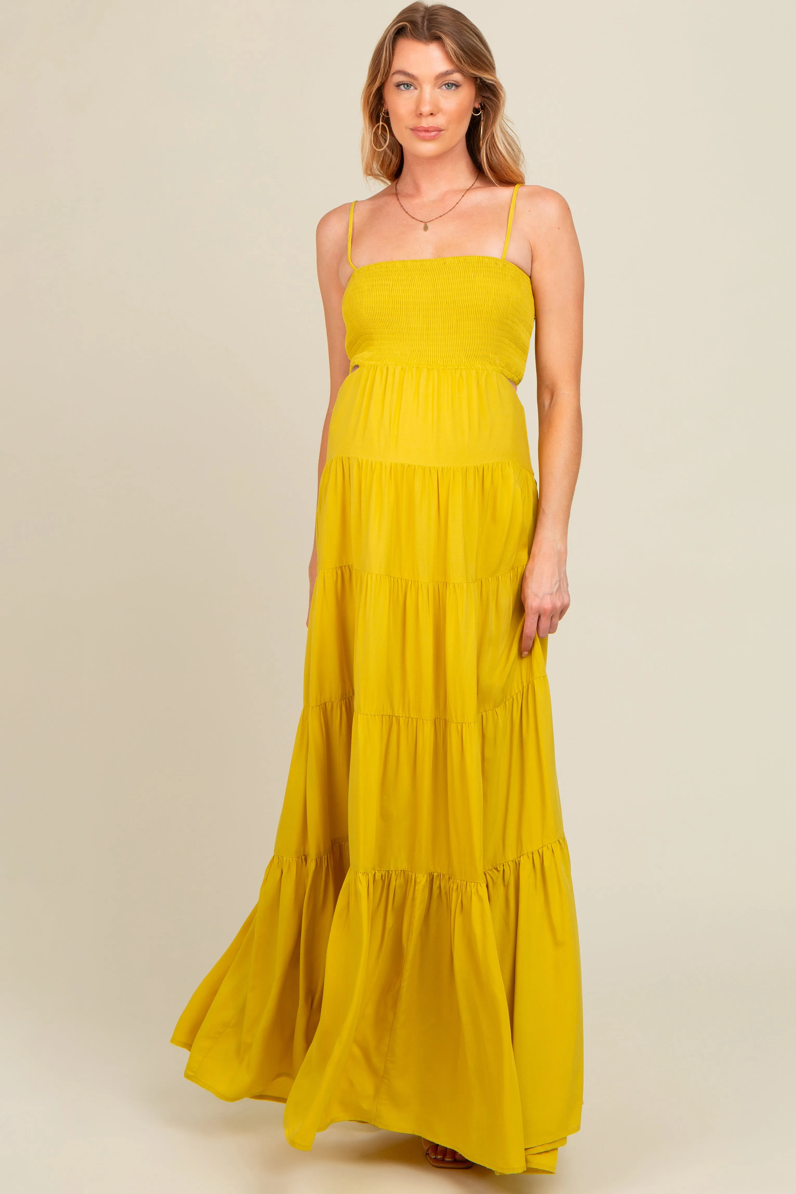 Yellow Smocked Cutout Maternity Maxi Dress sold by Pinkblush product image thumbnail 3