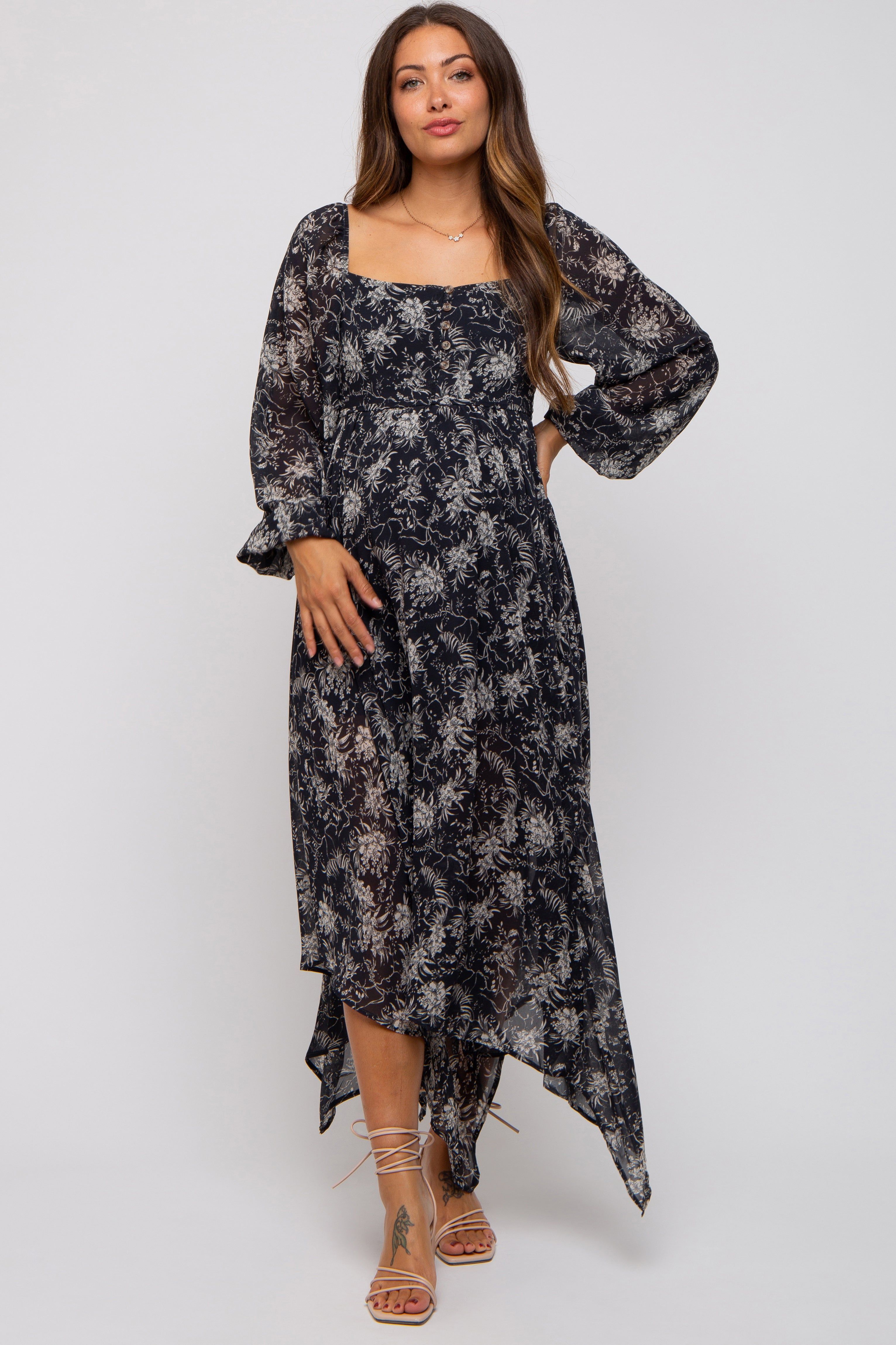 Charcoal Floral Chiffon Square Neck Button Front Maternity Midi Dress sold by Pinkblush
