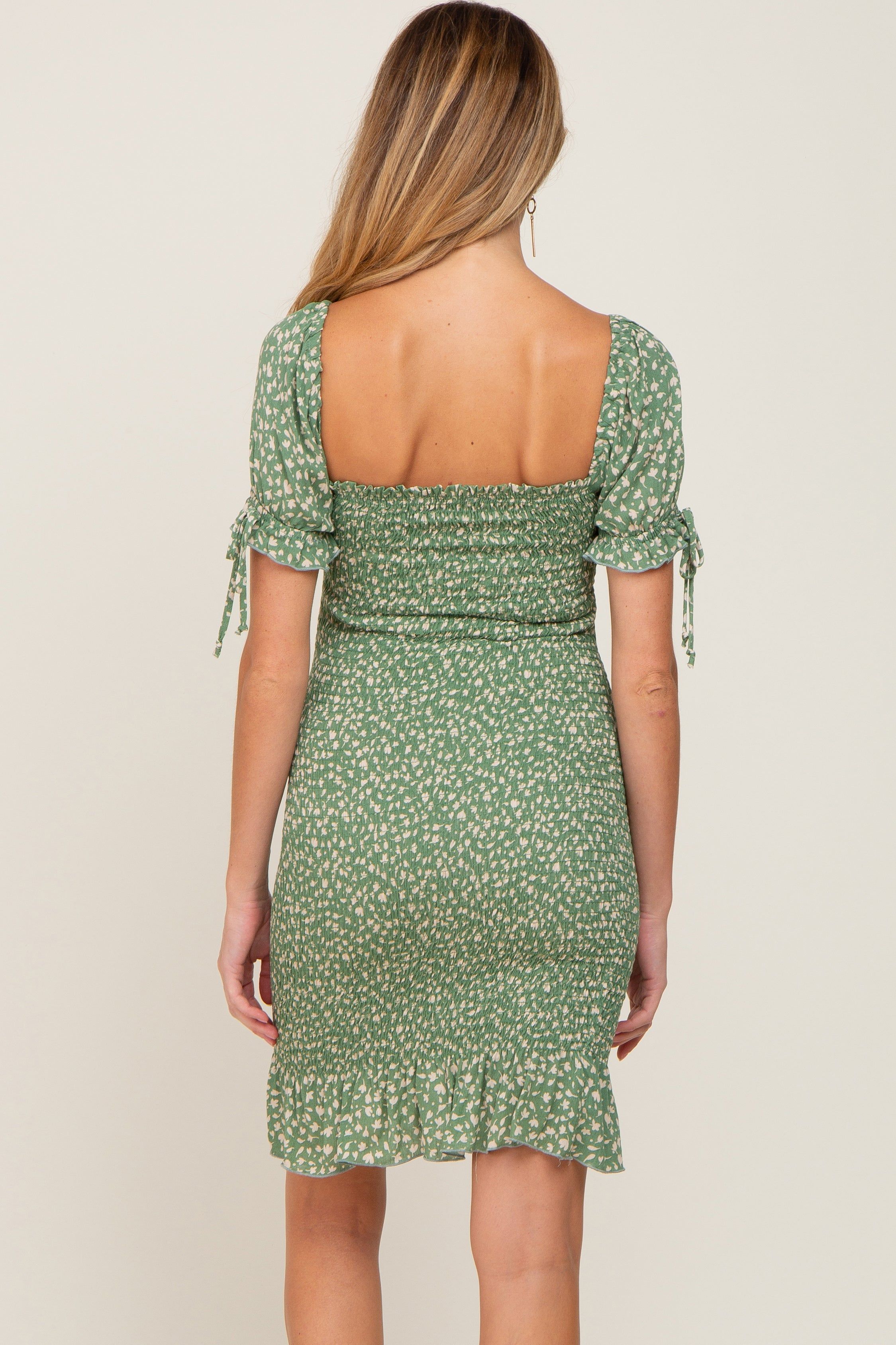 Light Olive Floral Smocked Fitted Maternity Mini Dress sold by Pinkblush product image thumbnail 4