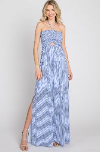 Blue Striped Cutout Front Halter Neck Maxi Dress sold by Pinkblush