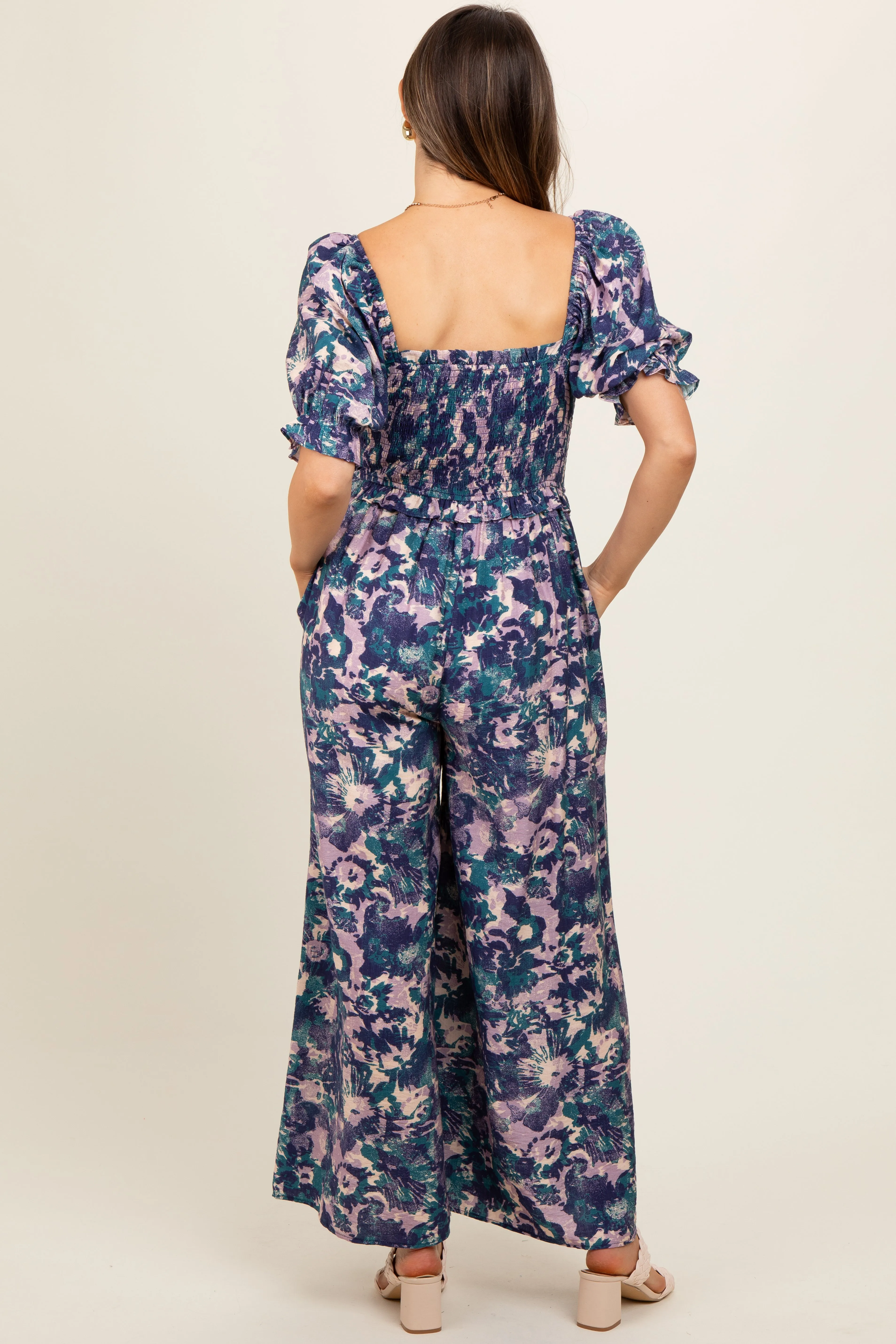 Navy Blue Smocked Square Neck Ruffle Waist Maternity Jumpsuit sold by Pinkblush product image thumbnail 3