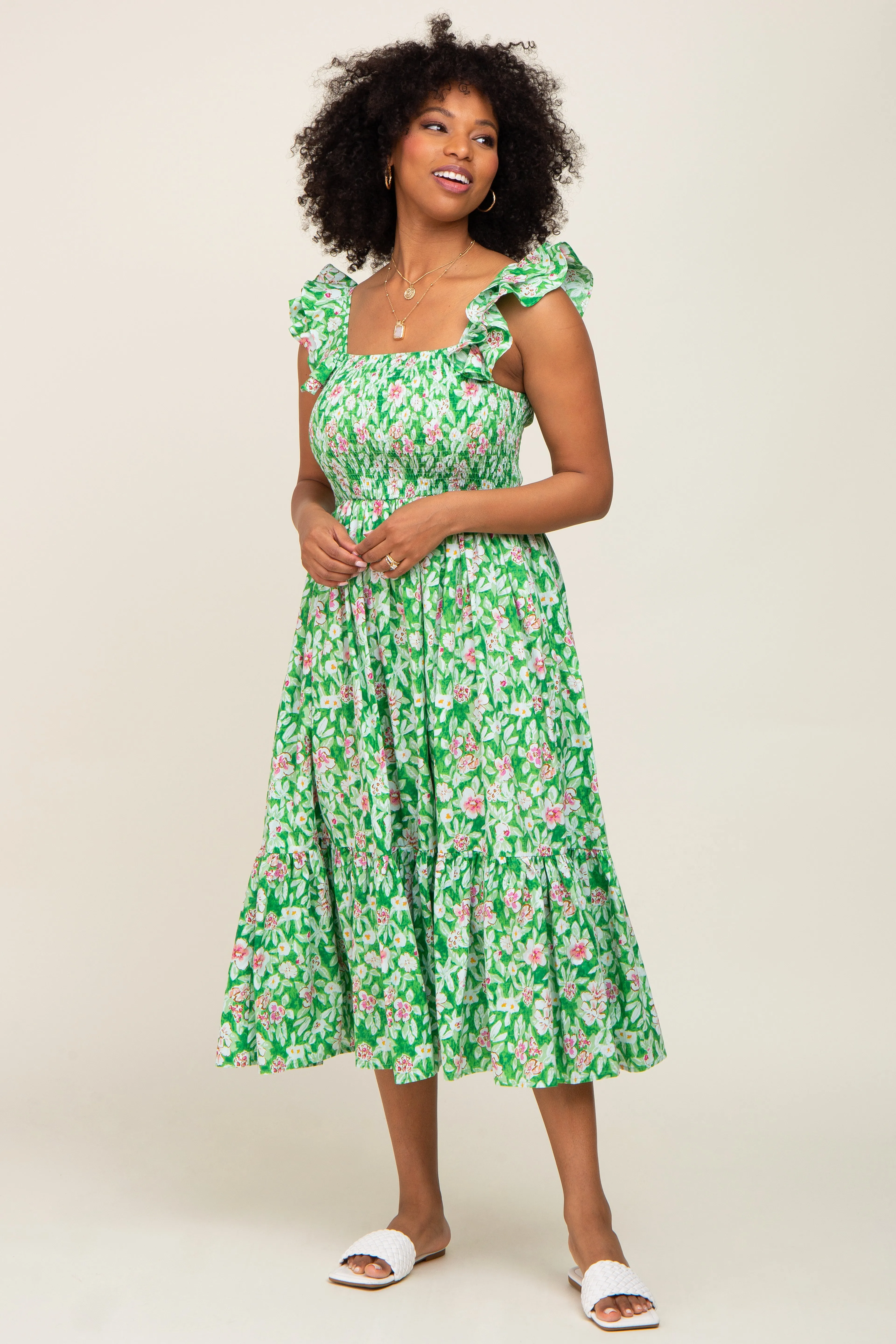 Green Floral Smocked Frill Sleeve Midi Dress sold by Pinkblush product image thumbnail 4