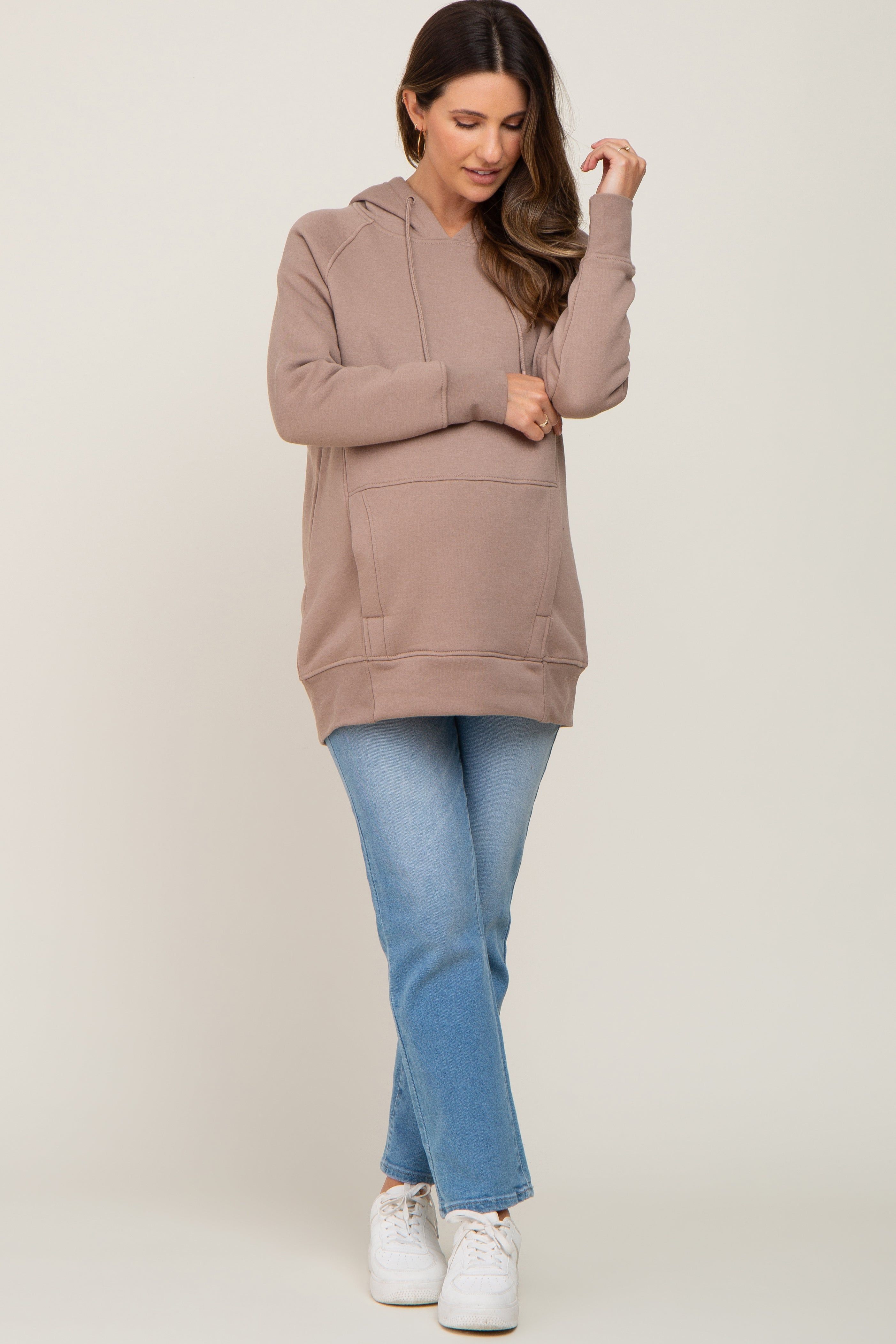 Taupe Fleece Front Pocket Maternity Hoodie sold by Pinkblush product image thumbnail 4
