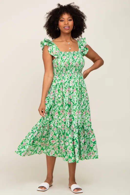 Green Floral Smocked Frill Sleeve Midi Dress sold by Pinkblush