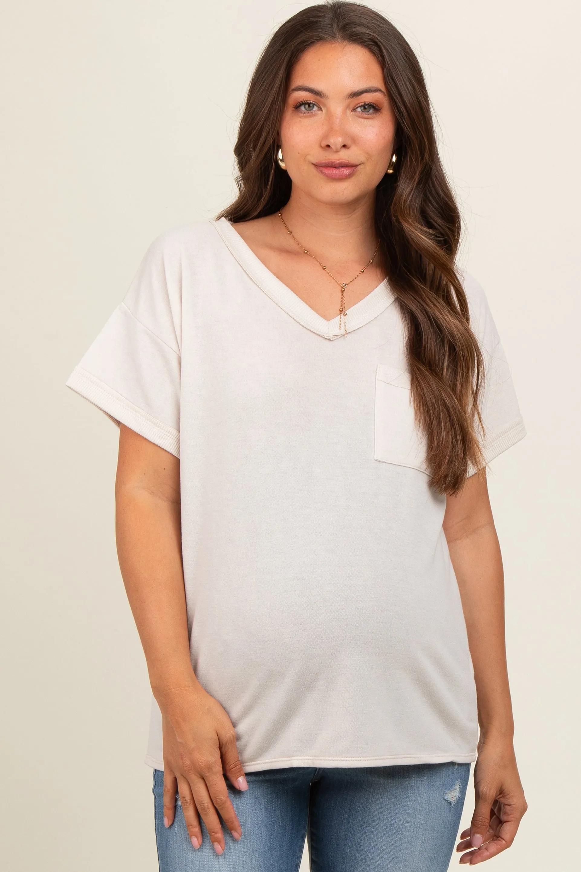 Cream Front Pocket Maternity Short Sleeve Top sold by Pinkblush