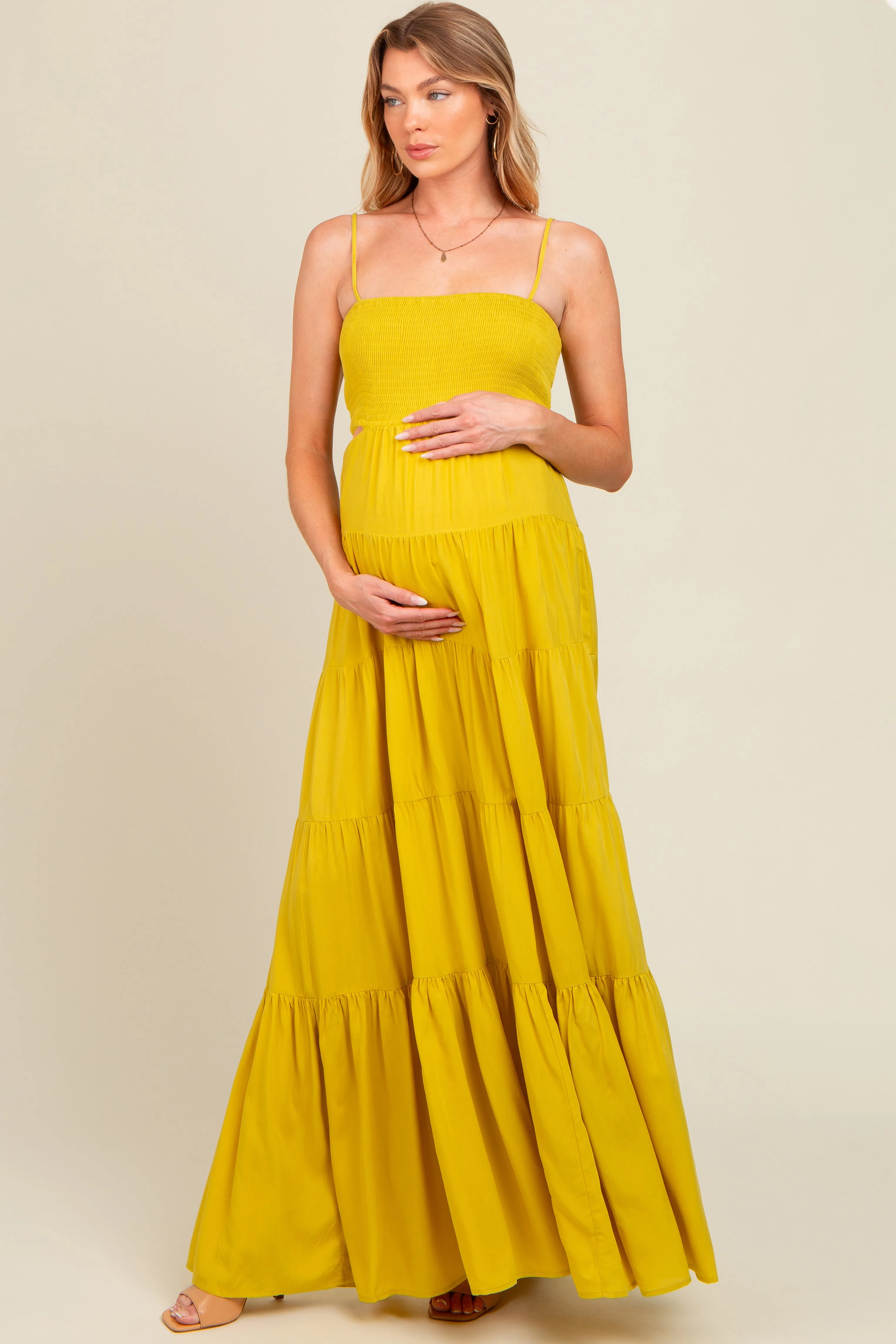 Yellow Smocked Cutout Maternity Maxi Dress sold by Pinkblush product image thumbnail 2