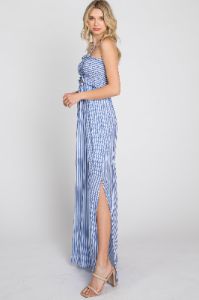 Blue Striped Cutout Front Halter Neck Maxi Dress sold by Pinkblush