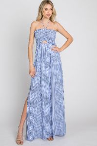 Blue Striped Cutout Front Halter Neck Maxi Dress sold by Pinkblush