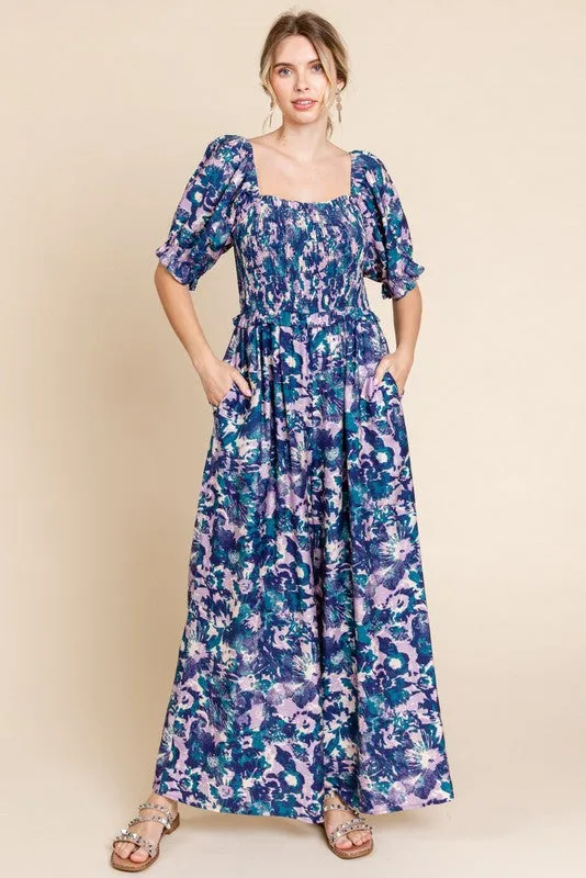 Navy Blue Smocked Square Neck Ruffle Waist Maternity Jumpsuit sold by Pinkblush product image thumbnail 4