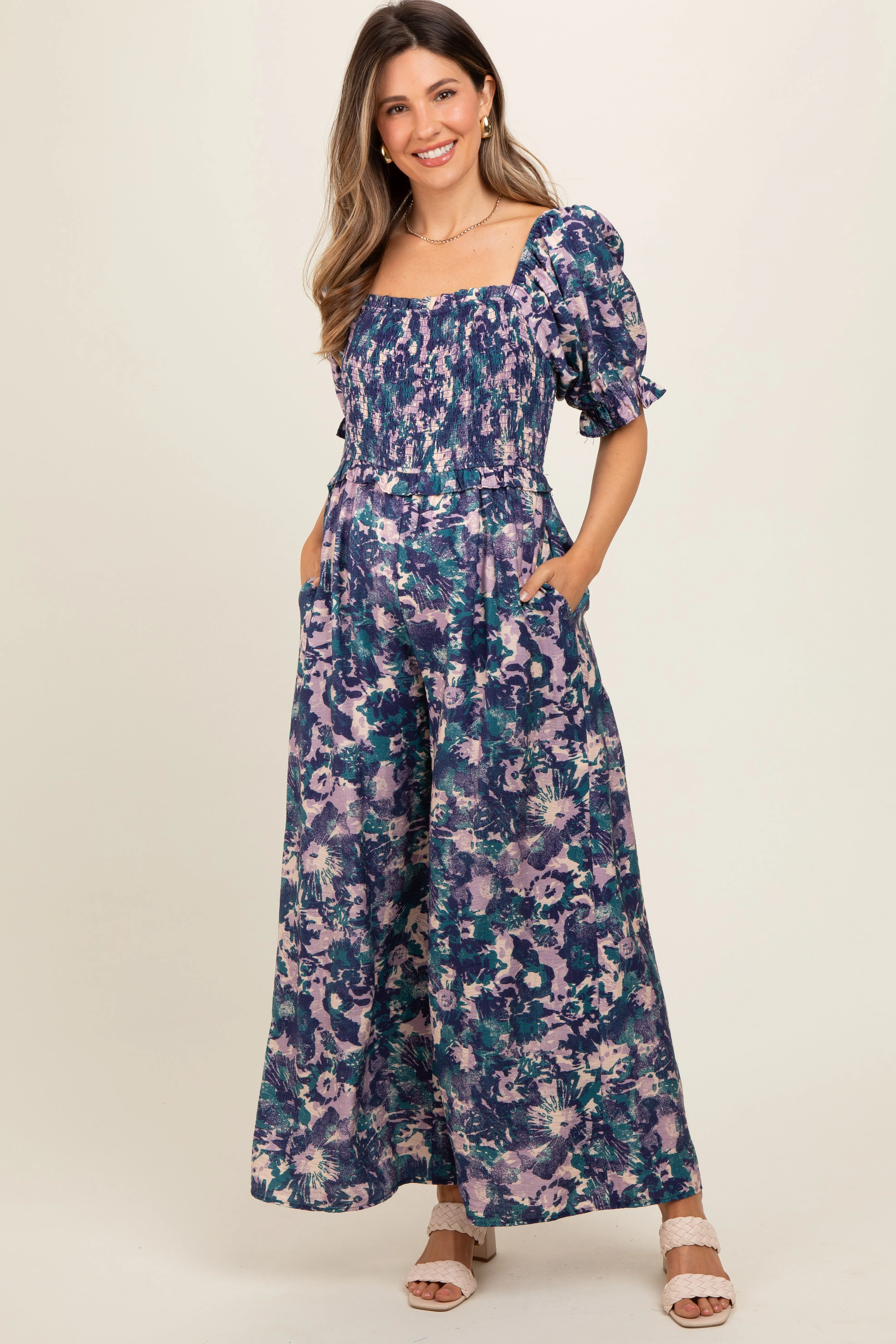 Navy Blue Smocked Square Neck Ruffle Waist Maternity Jumpsuit sold by Pinkblush