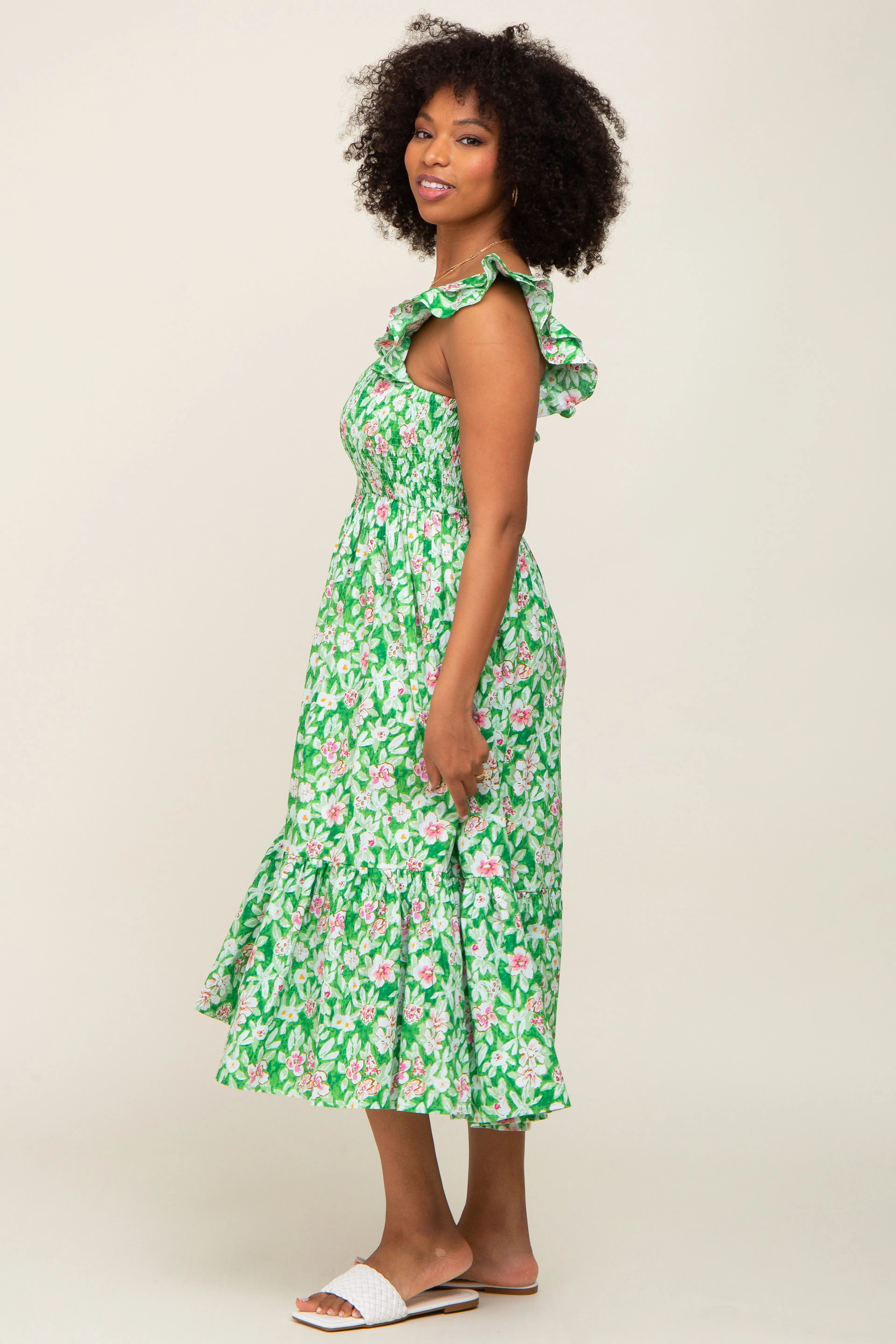 Green Floral Smocked Frill Sleeve Midi Dress sold by Pinkblush product image thumbnail 2