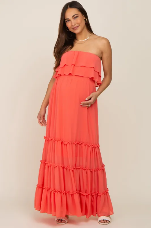 Coral Chiffon Strapless Ruffle Tiered Maternity Maxi Dress sold by Pinkblush