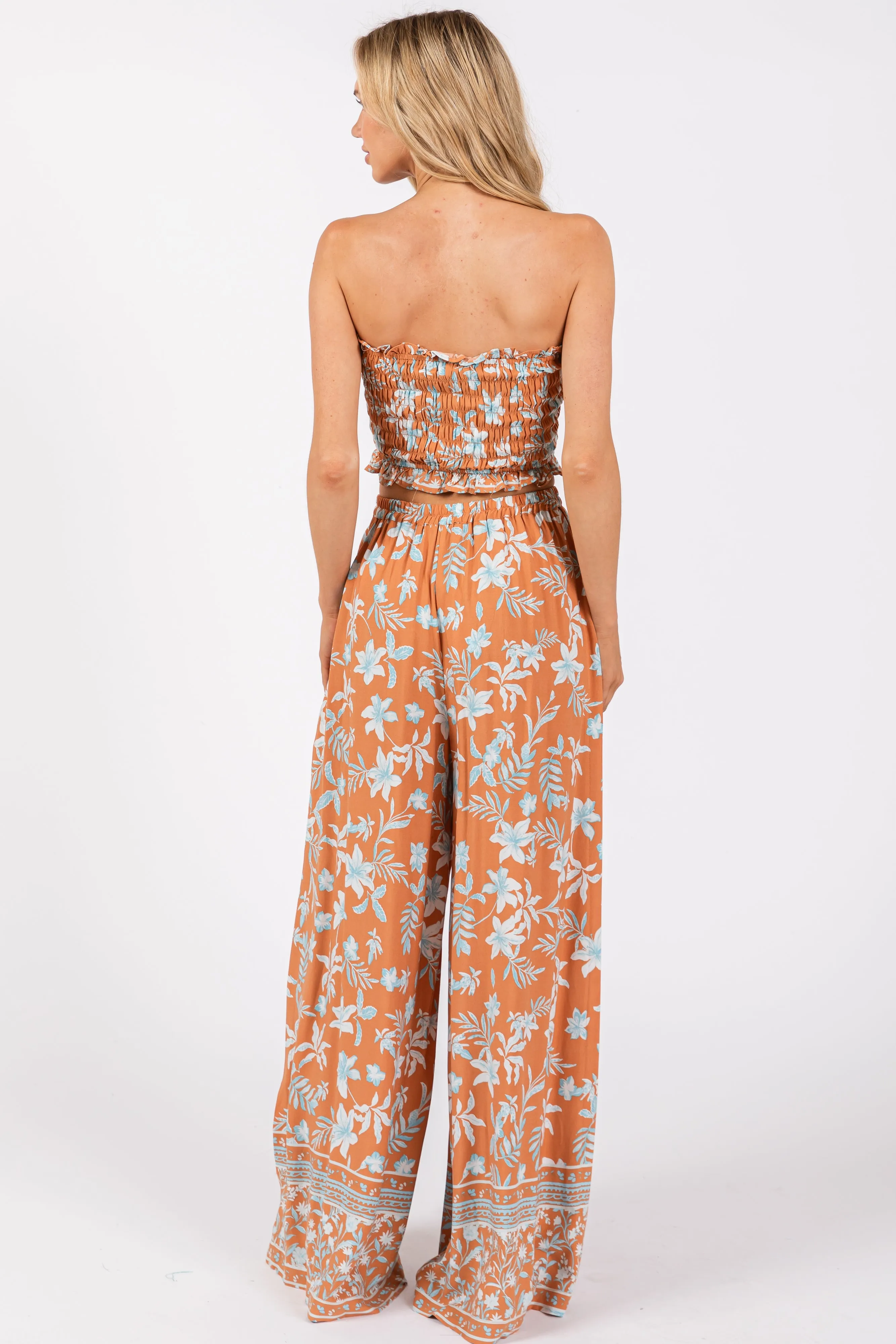 Camel Floral Tube Top Wide Leg Pant Set sold by Pinkblush