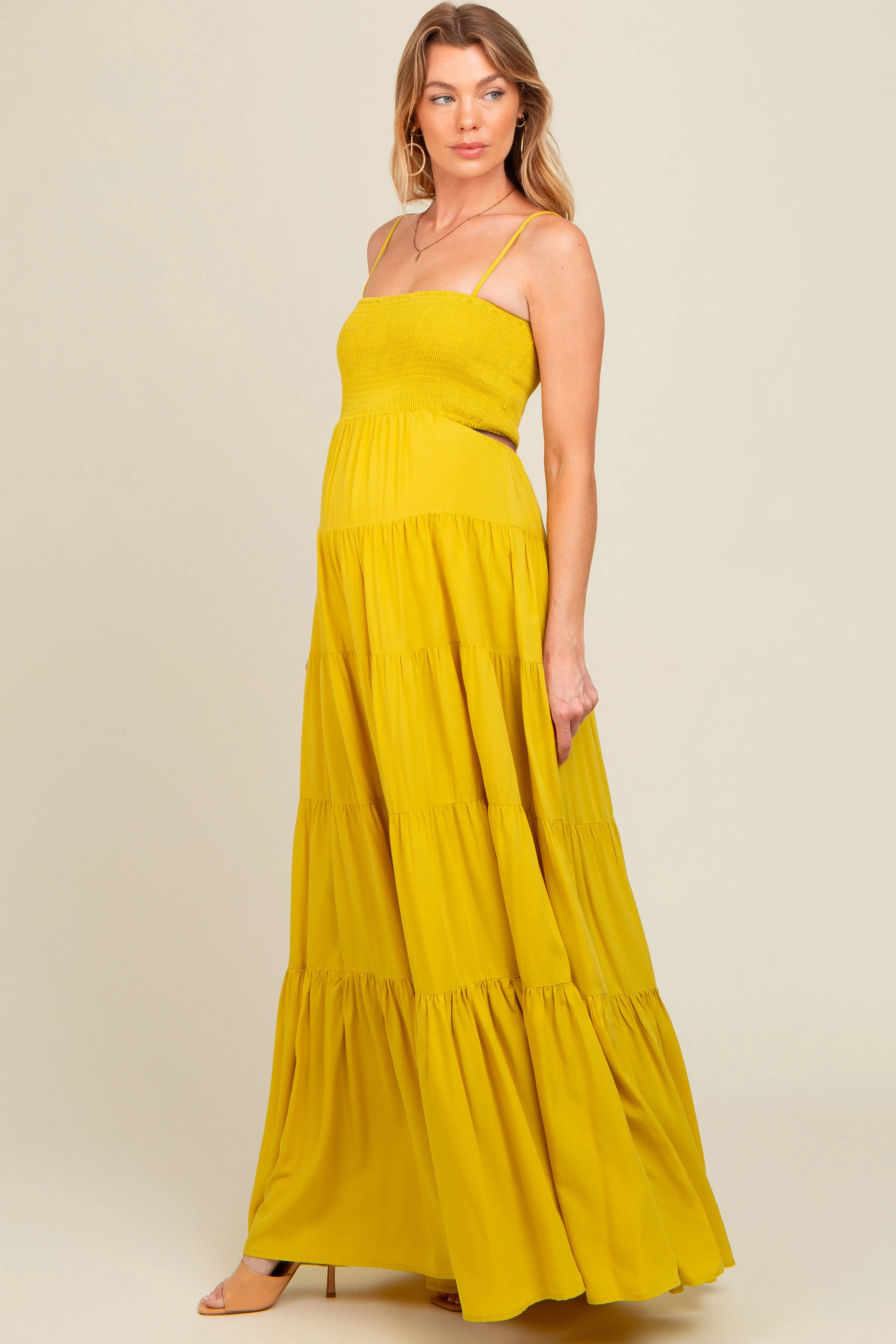 Yellow Smocked Cutout Maternity Maxi Dress sold by Pinkblush