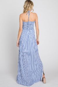 Blue Striped Cutout Front Halter Neck Maxi Dress sold by Pinkblush