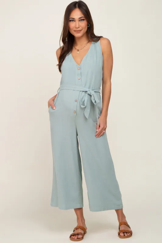 Mint Green Sleeveless Button Front Maternity Cropped Jumpsuit sold by Pinkblush
