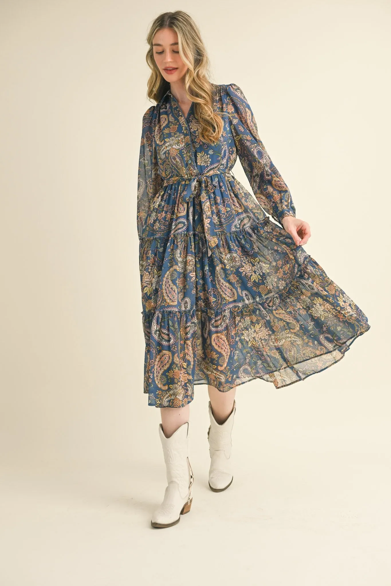 Denim Blue Paisley Print Button Down Midi Dress sold by Pinkblush product image thumbnail 5