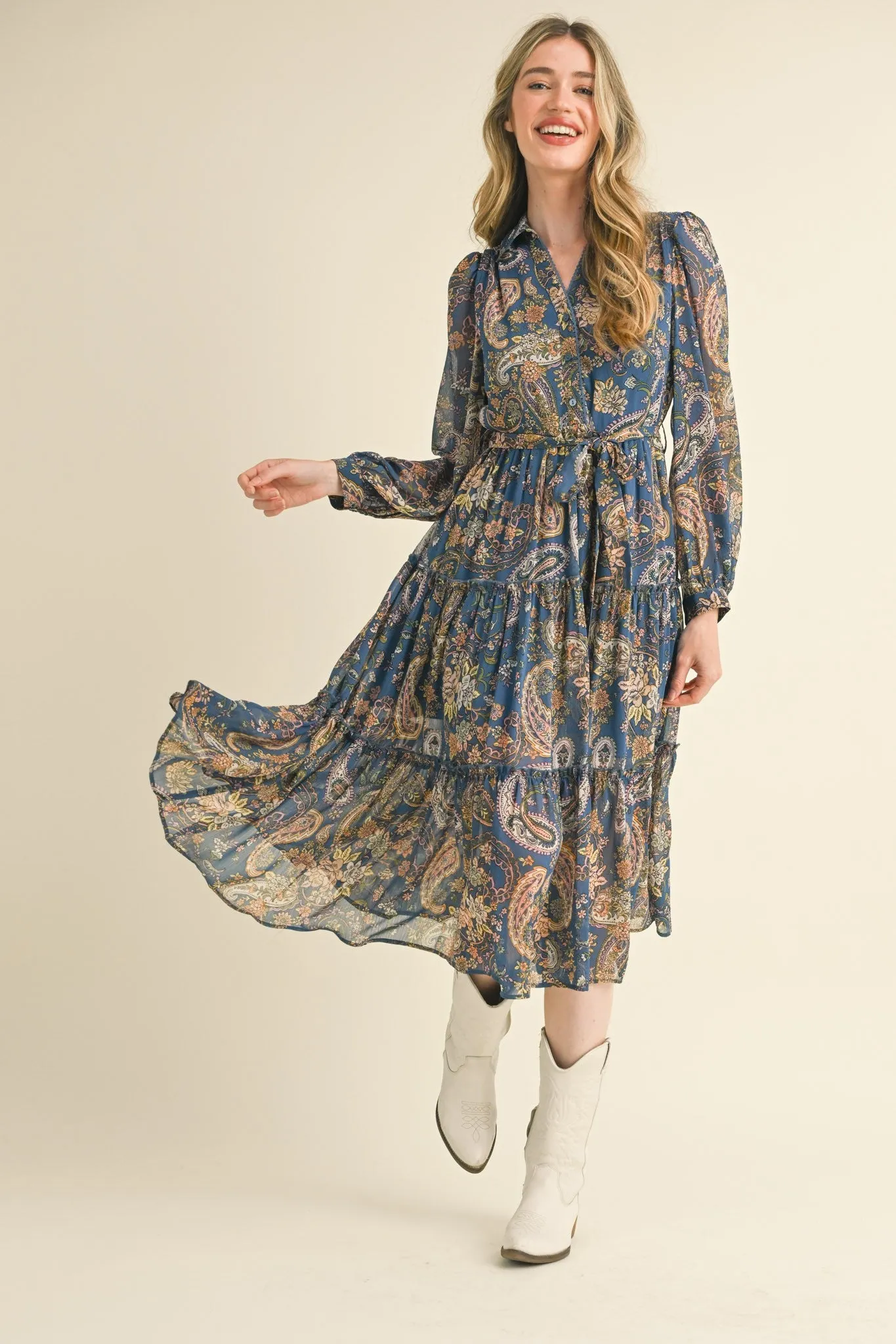 Denim Blue Paisley Print Button Down Midi Dress sold by Pinkblush product image thumbnail 2