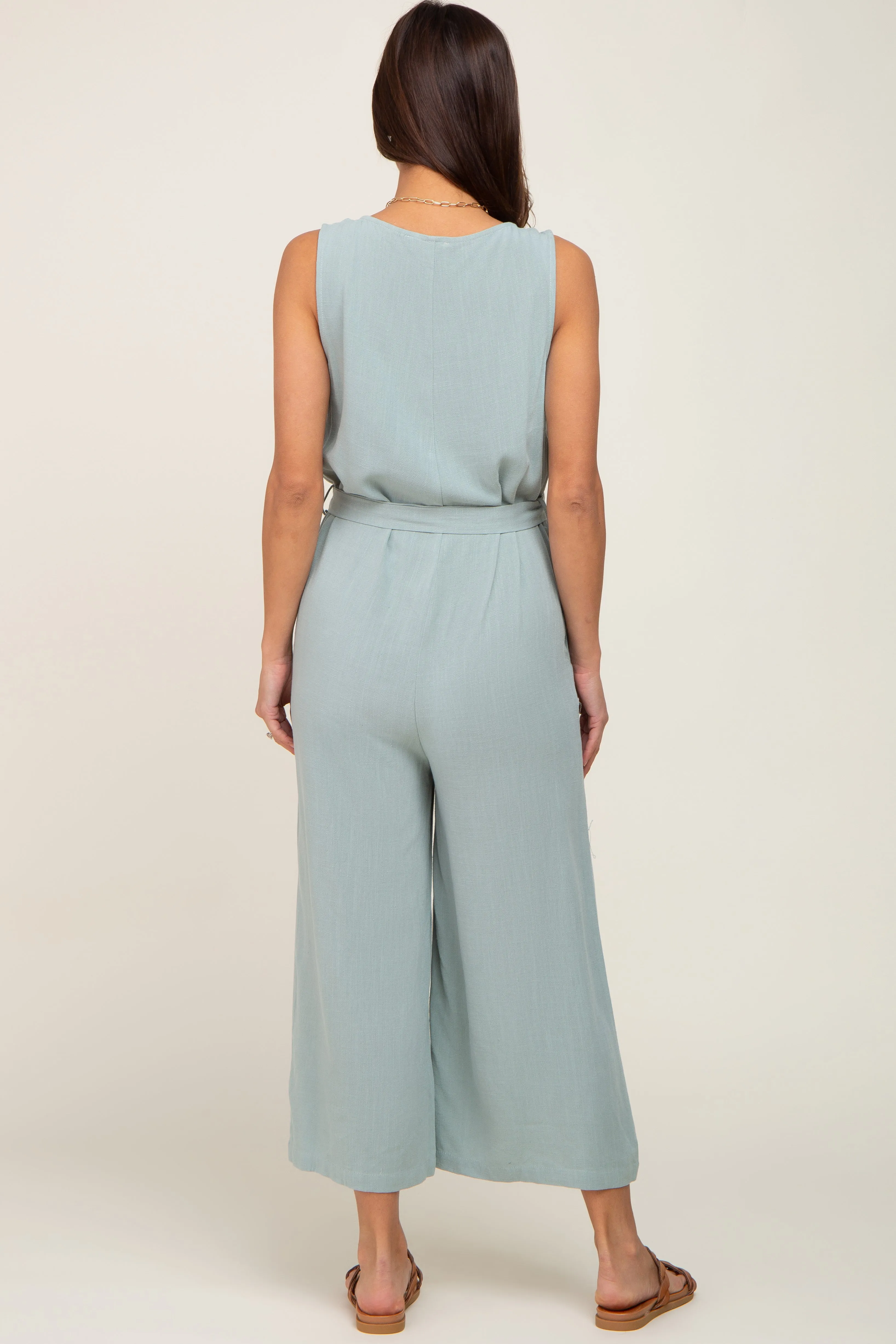 Mint Green Sleeveless Button Front Maternity Cropped Jumpsuit sold by Pinkblush product image thumbnail 3