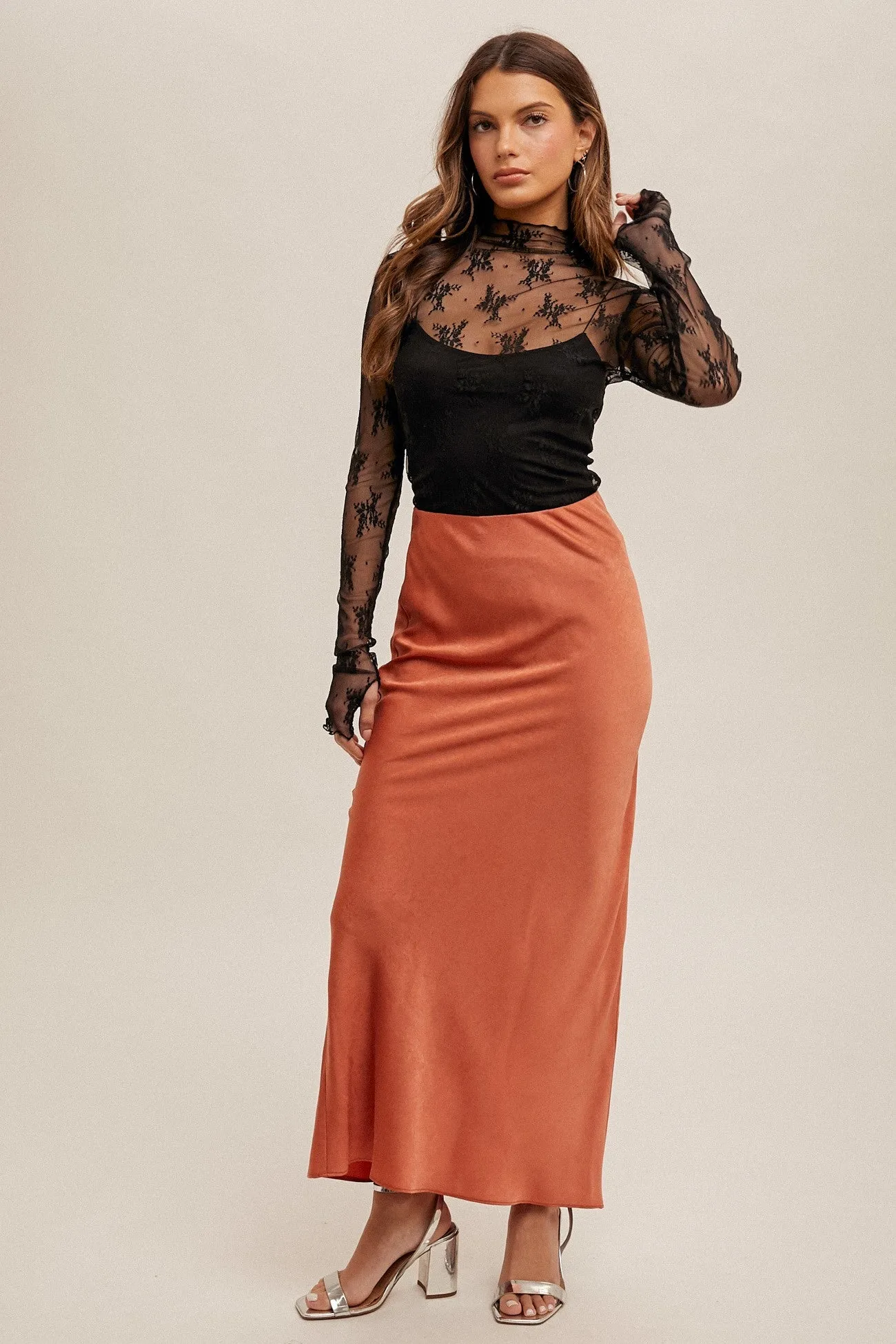 Rust Crinkle Textured Maxi Skirt sold by Pinkblush