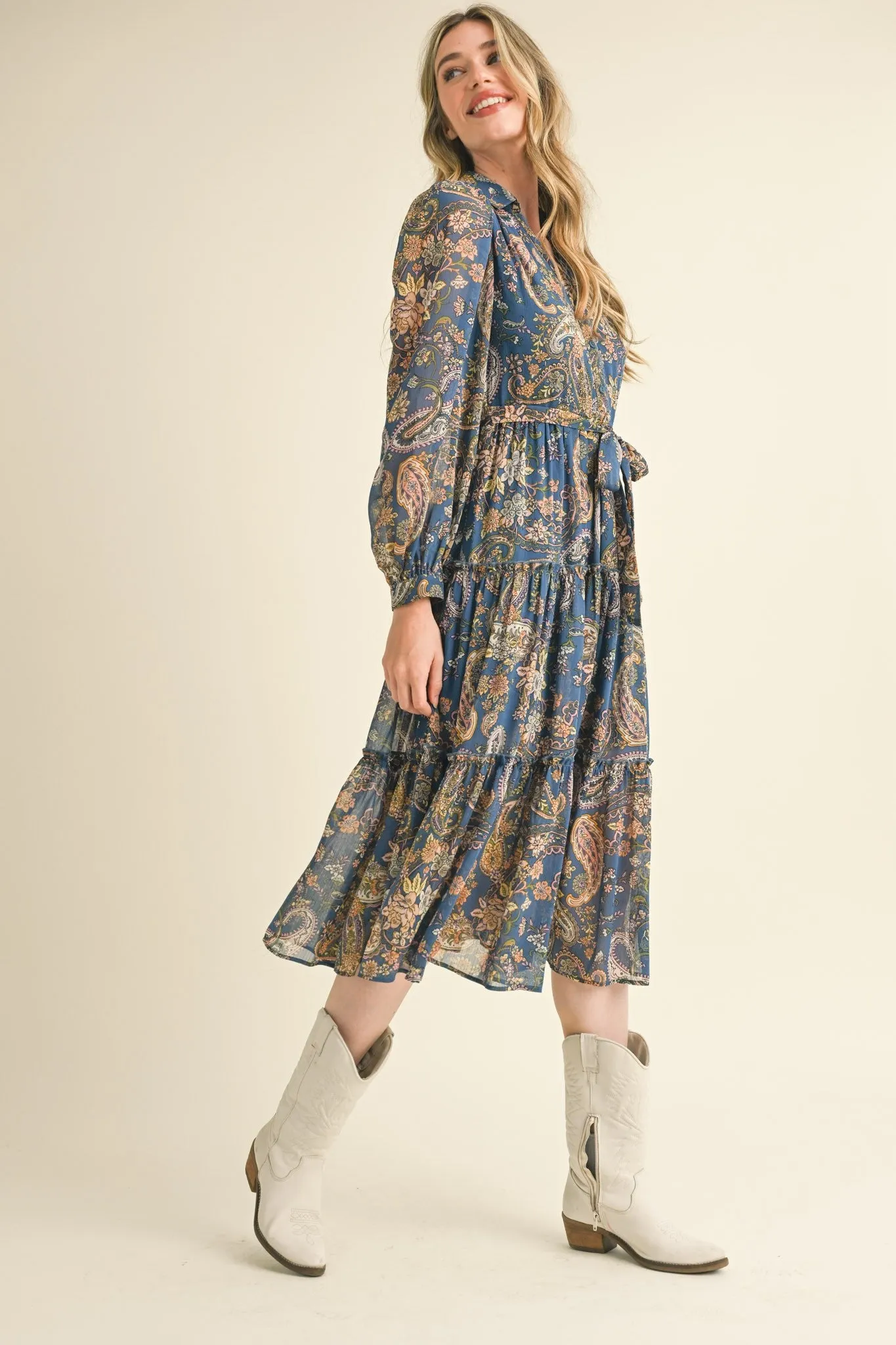 Denim Blue Paisley Print Button Down Midi Dress sold by Pinkblush product image thumbnail 4