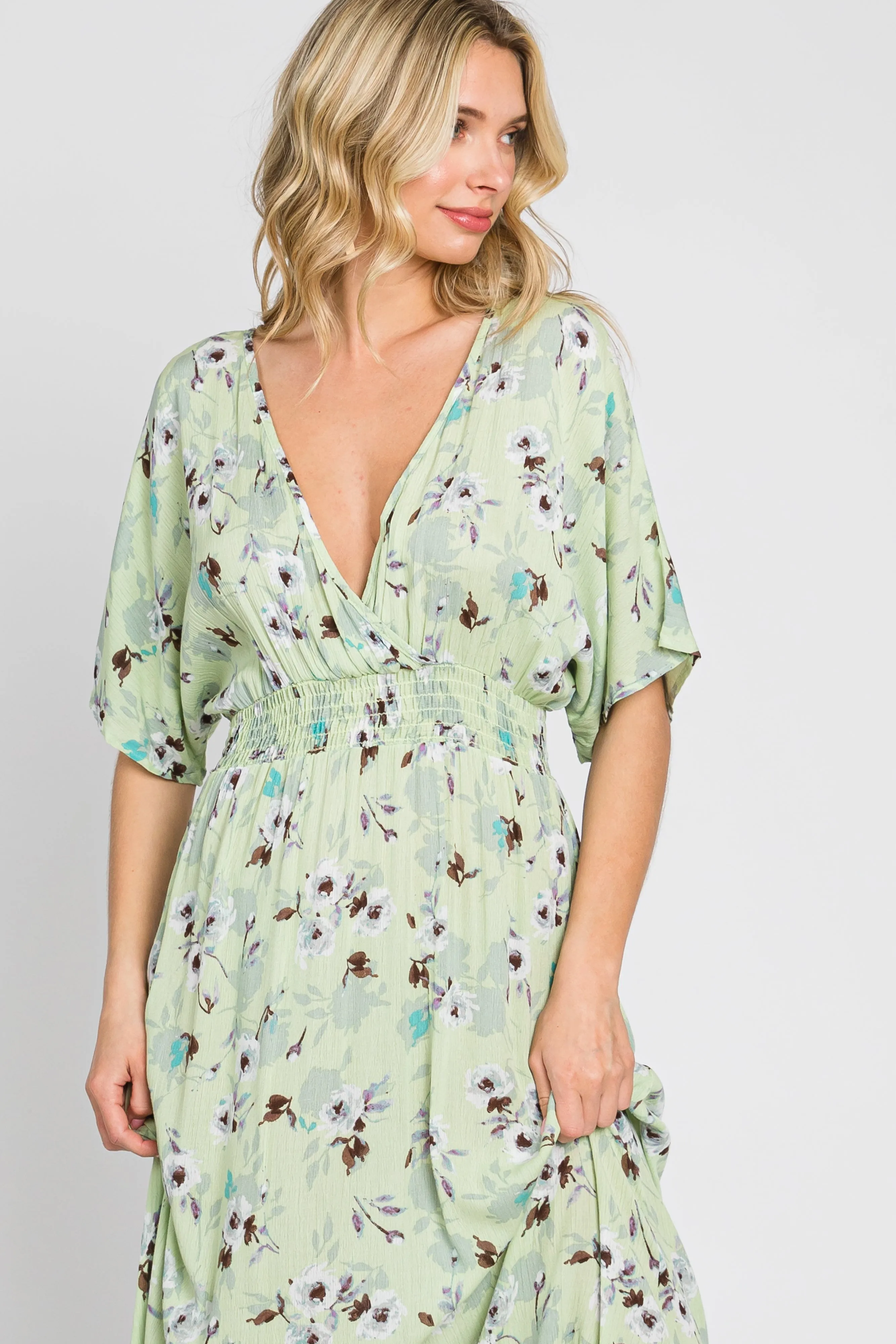 Lime Floral Wrap V-Neck Smocked Waist Maxi Dress sold by Pinkblush product image thumbnail 4