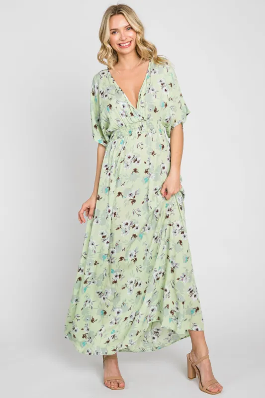 Lime Floral Wrap V-Neck Smocked Waist Maxi Dress sold by Pinkblush