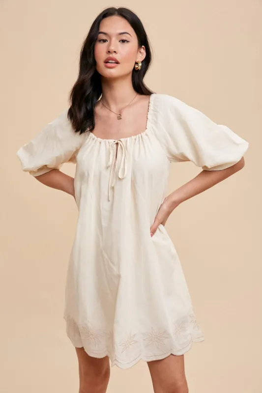 Cream Embroidered Puff Sleeve Dress sold by Pinkblush