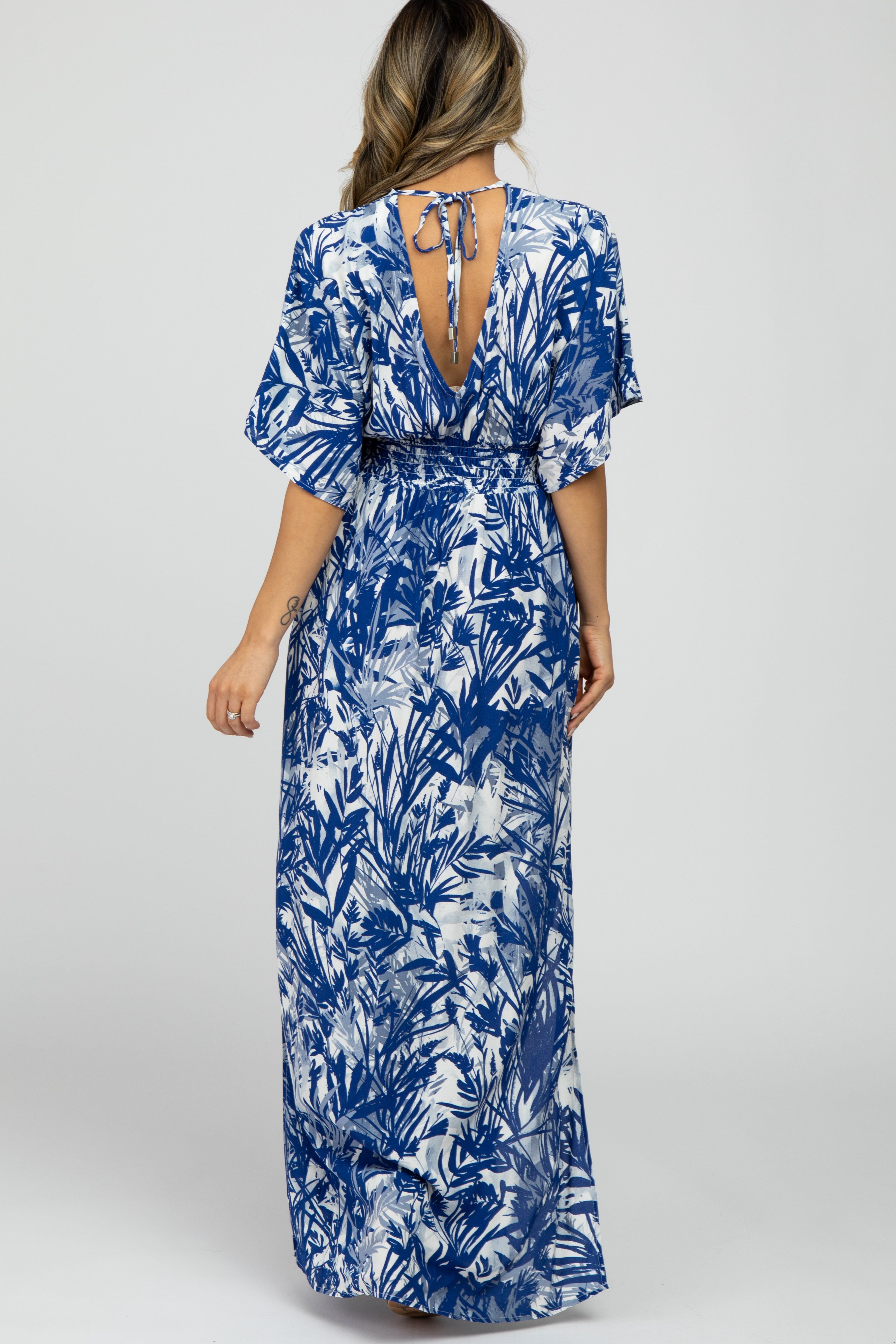 Navy Blue Leaf Print V-Neck Maxi Dress sold by Pinkblush product image thumbnail 4