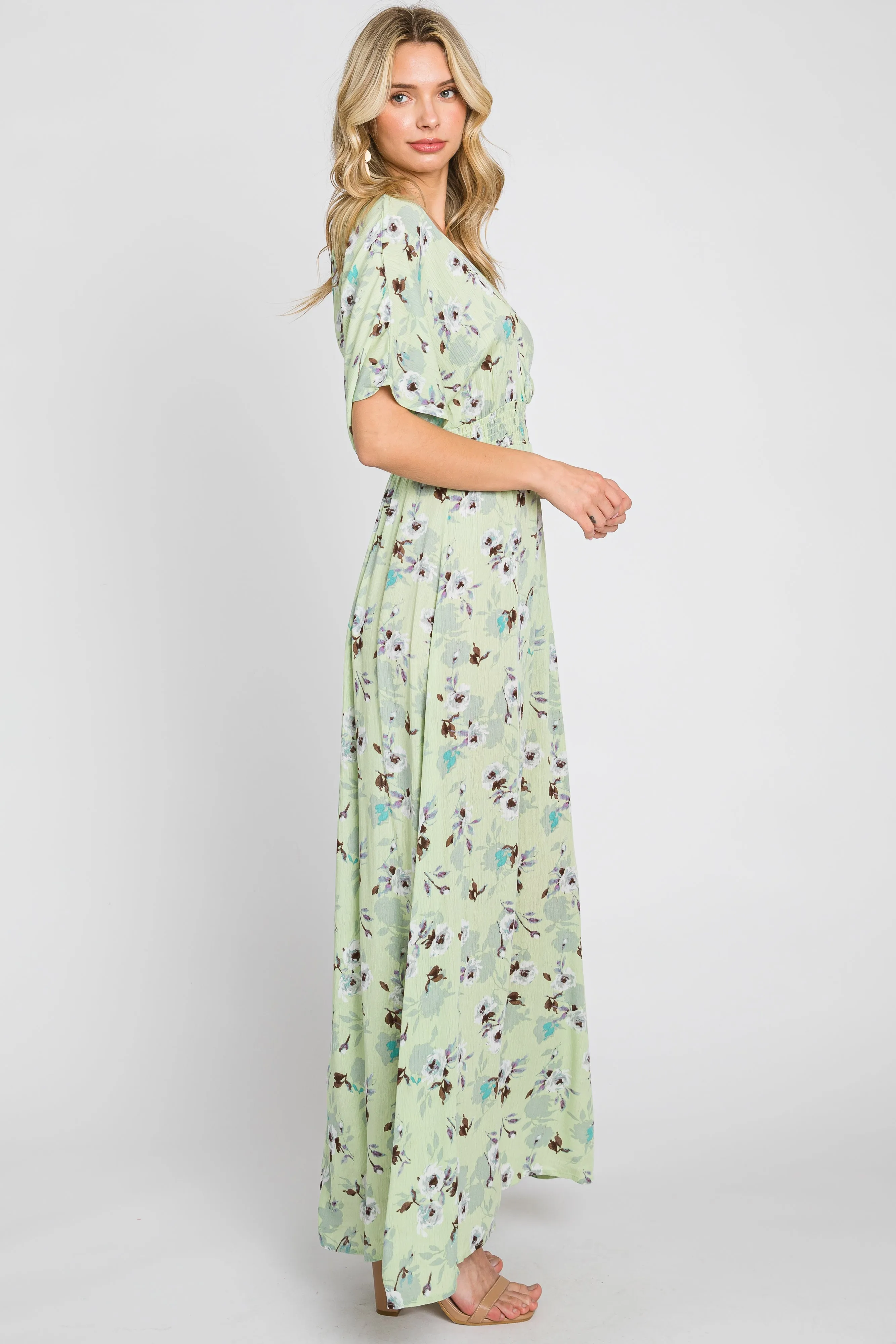 Lime Floral Wrap V-Neck Smocked Waist Maxi Dress sold by Pinkblush product image thumbnail 2