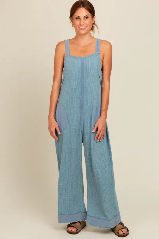 Blue Waffle Knit Wide Leg Jumpsuit sold by Pinkblush