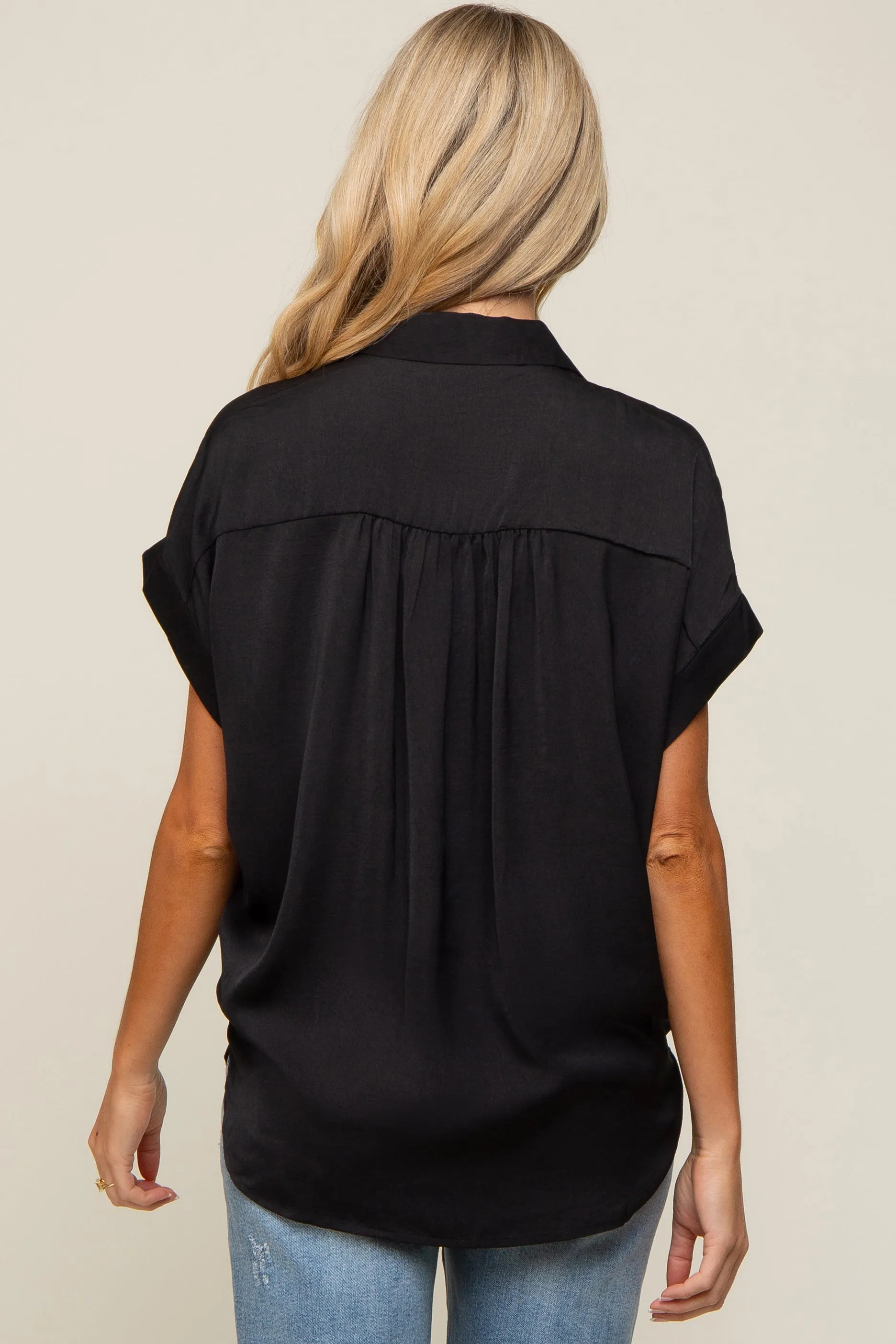 Black Satin Button Front Collared Short Sleeve Maternity Top sold by Pinkblush product image thumbnail 3