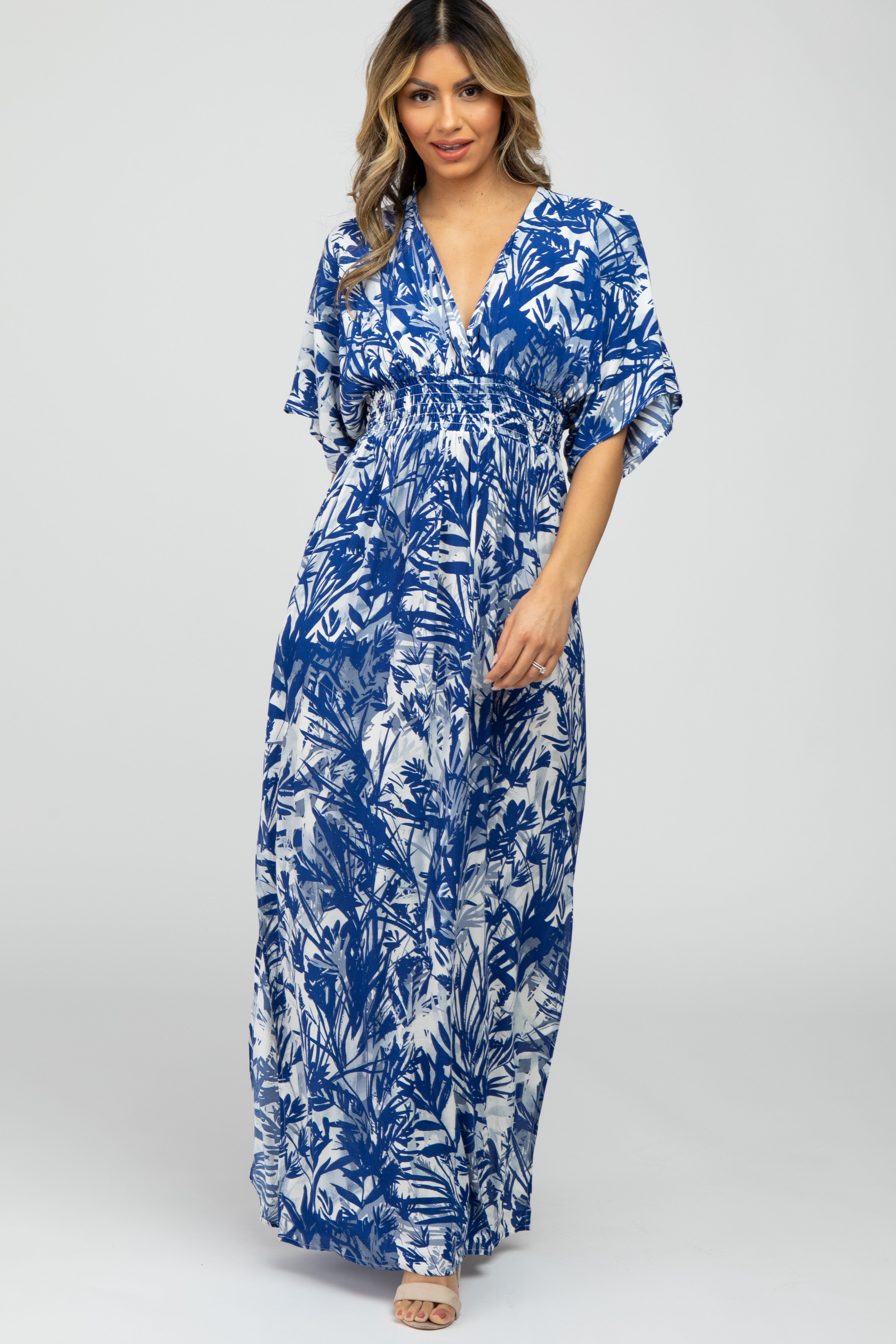 Navy Blue Leaf Print V-Neck Maxi Dress sold by Pinkblush product image thumbnail 2