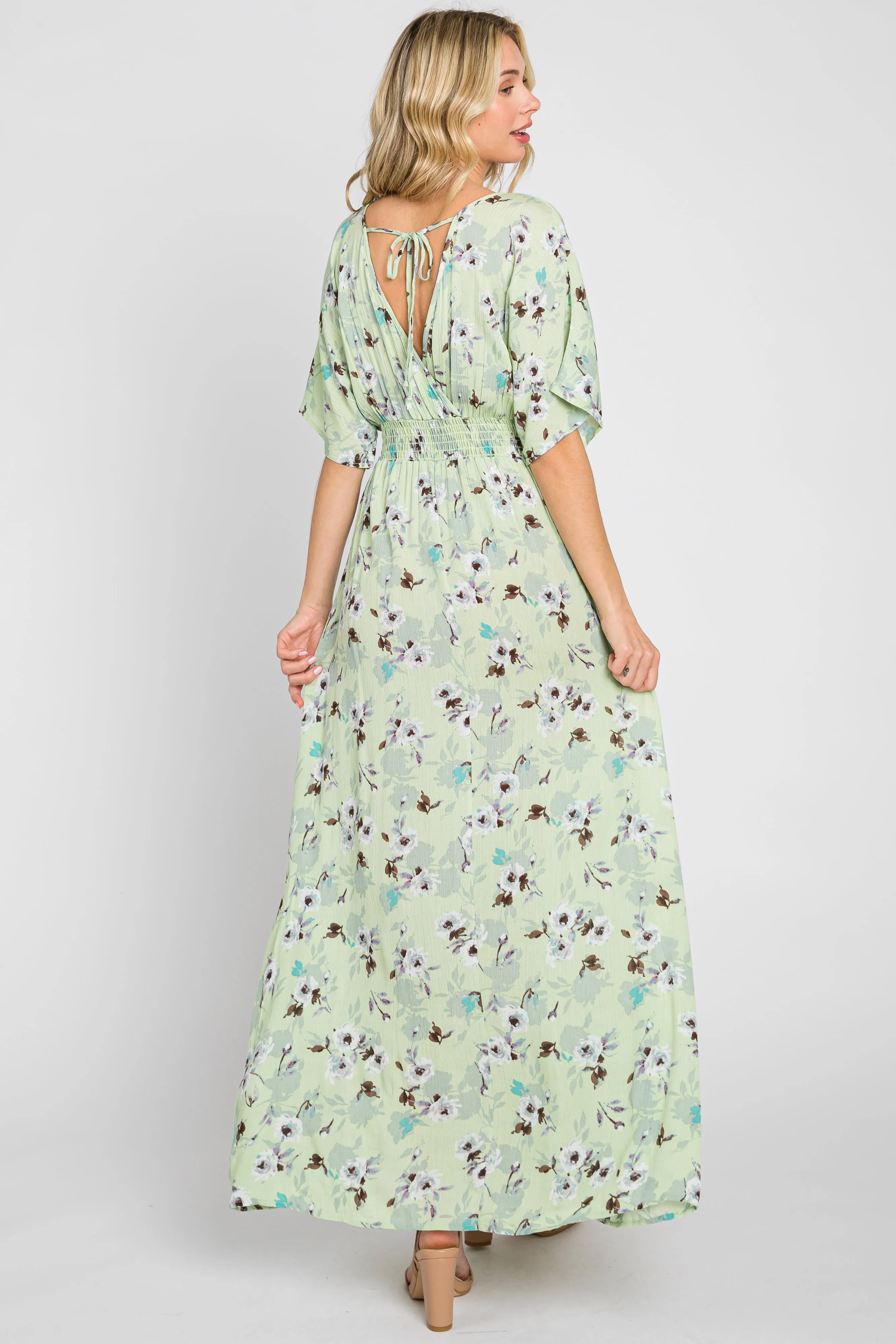 Lime Floral Wrap V-Neck Smocked Waist Maxi Dress sold by Pinkblush product image thumbnail 3
