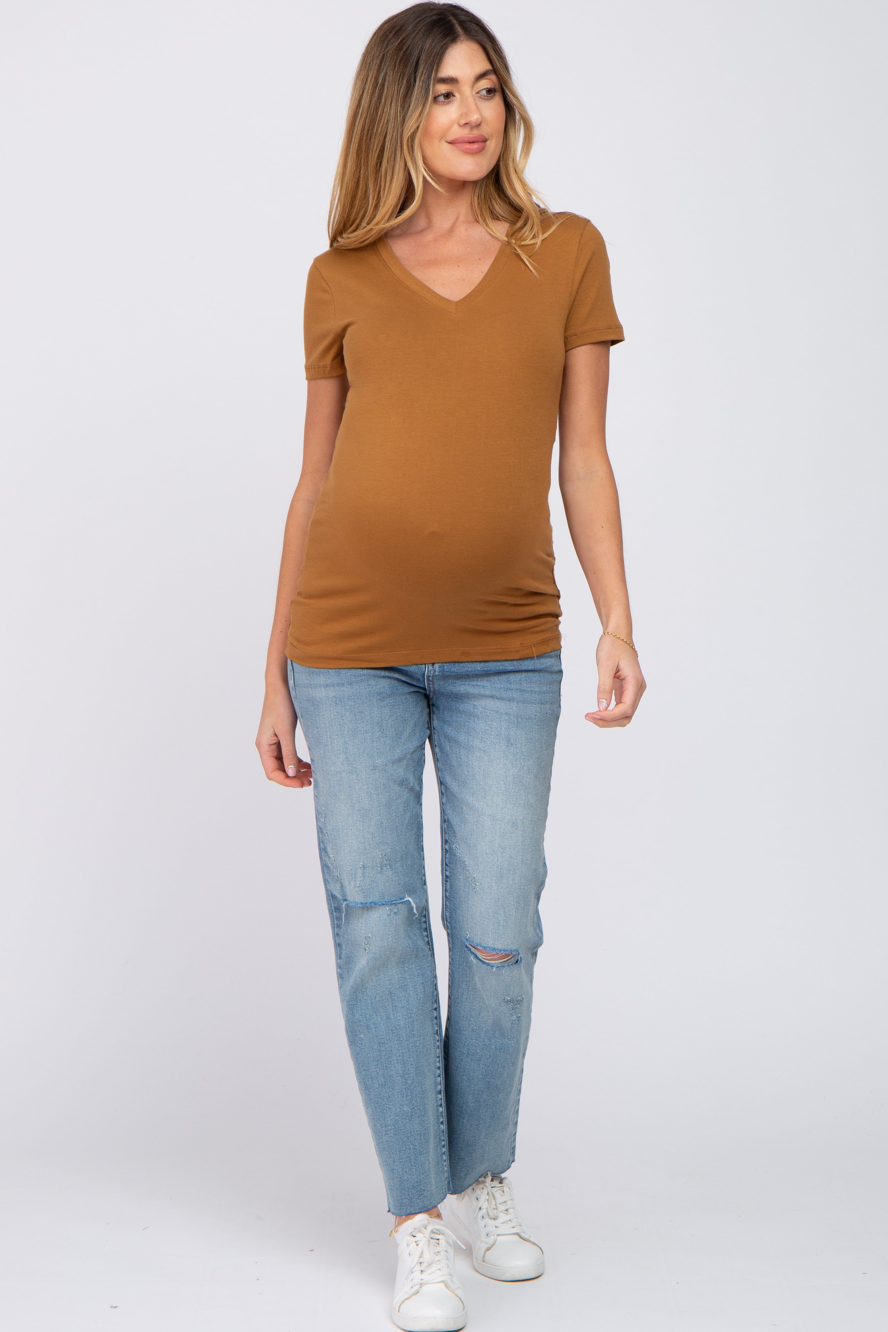 Camel V-Neck Short Sleeve Maternity Top sold by Pinkblush product image thumbnail 4