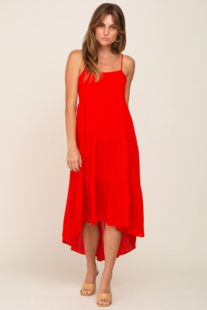 Red Square Neck Tiered Hi-Low Midi Dress sold by Pinkblush