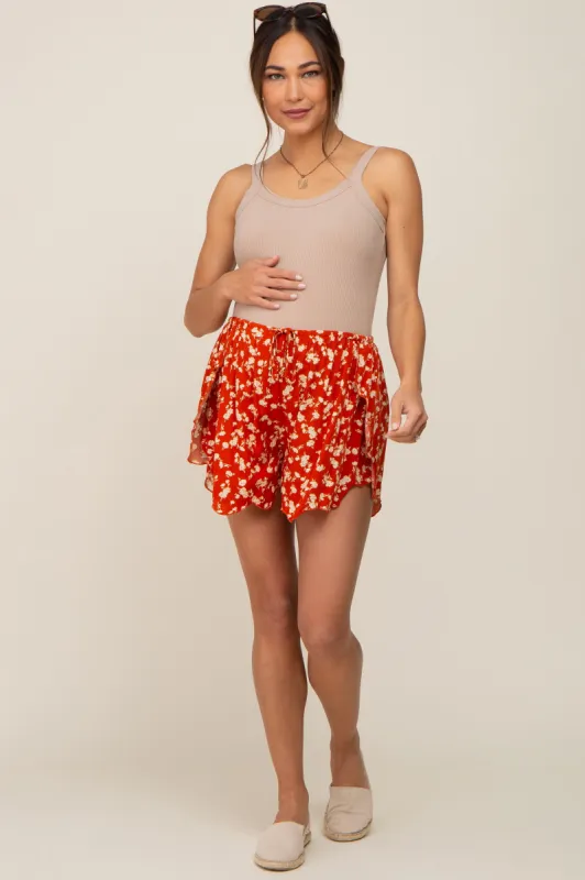 Rust Floral Scalloped Drawstring Maternity Shorts sold by Pinkblush