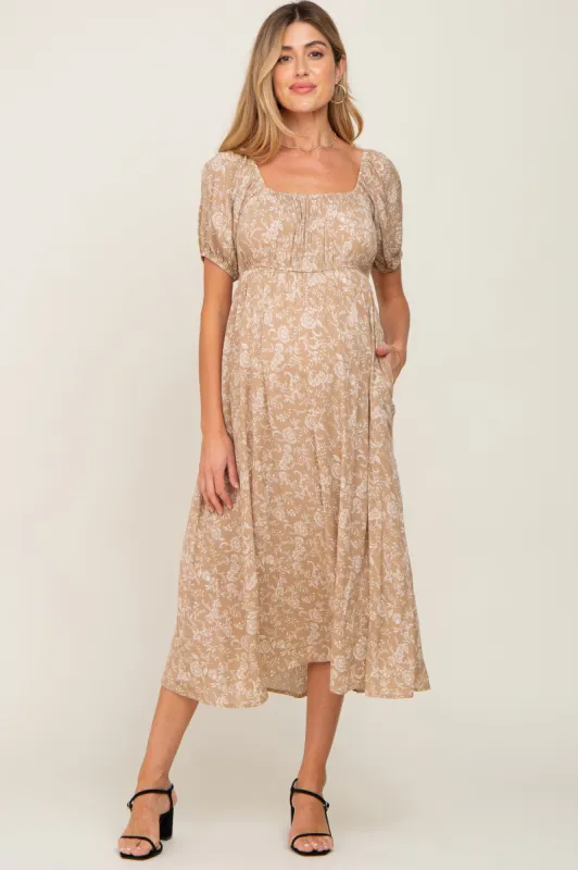 Mocha Floral Puff Sleeve Maternity Maxi Dress sold by Pinkblush
