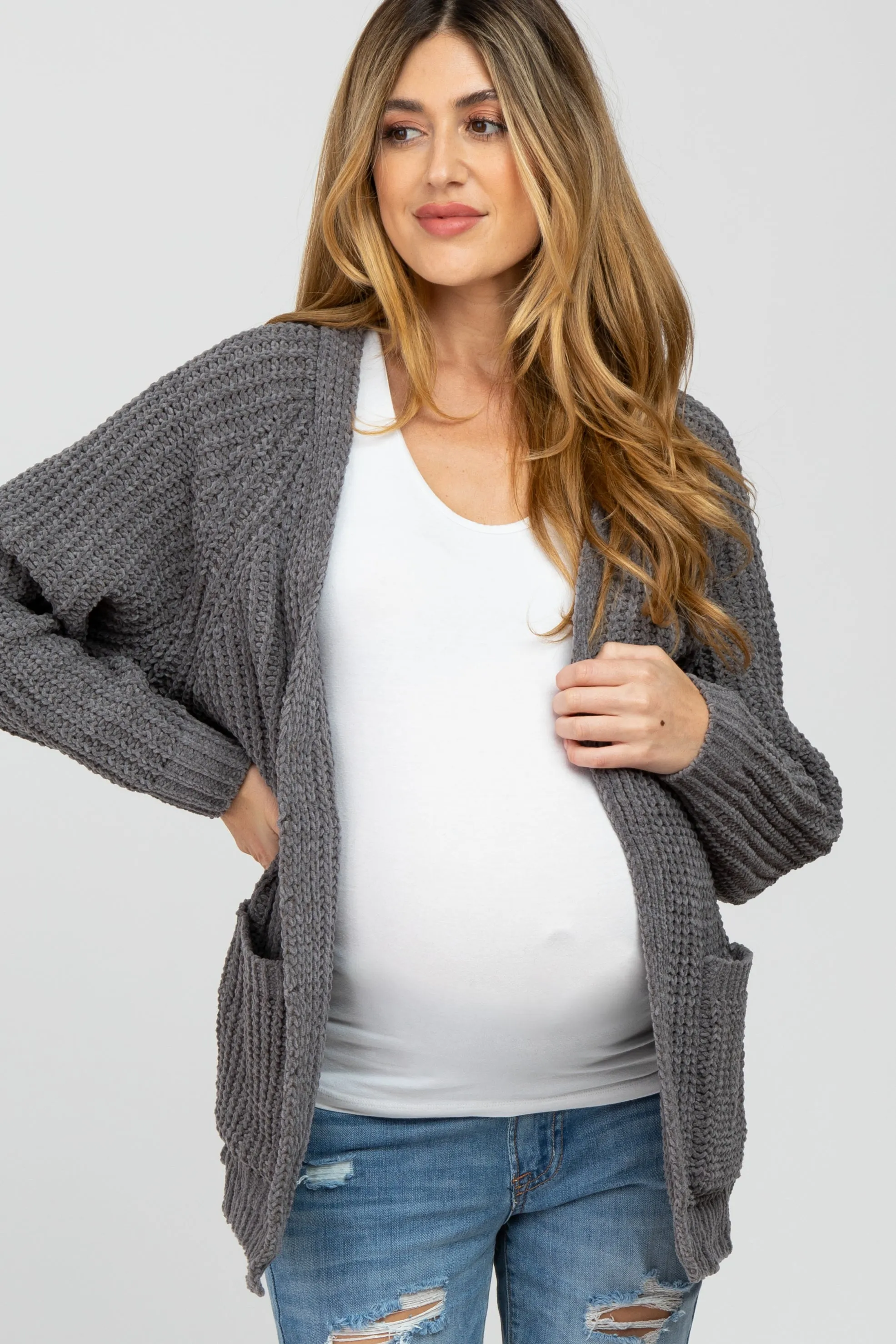 Charcoal Ribbed Cable Knit Maternity Cardigan sold by Pinkblush