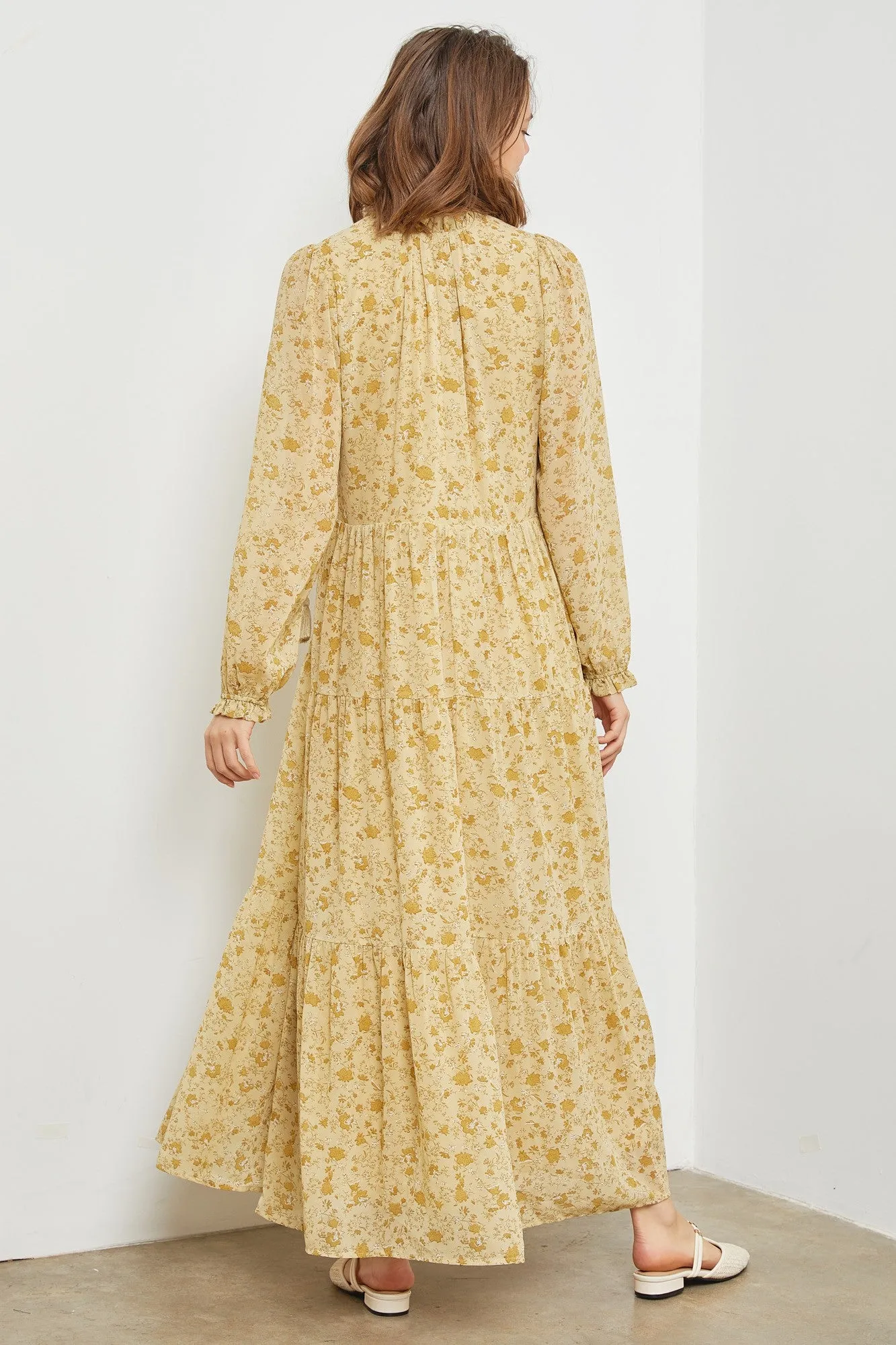 Yellow Floral Chiffon Front Tie Tiered Maxi Dress sold by Pinkblush product image thumbnail 3