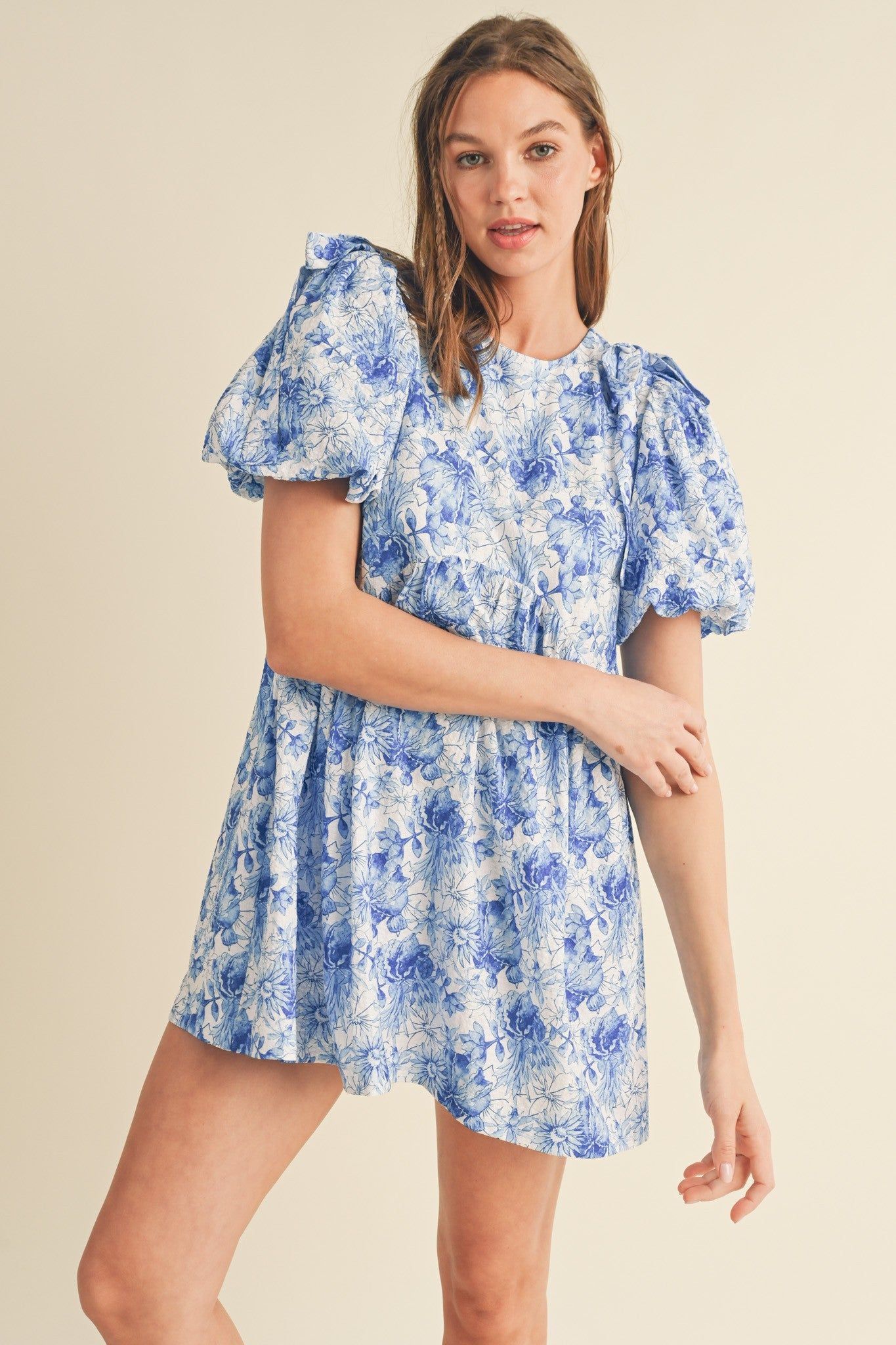 Blue Floral Puff Sleeve Shoulder Tie Babydoll Dress sold by Pinkblush product image thumbnail 2